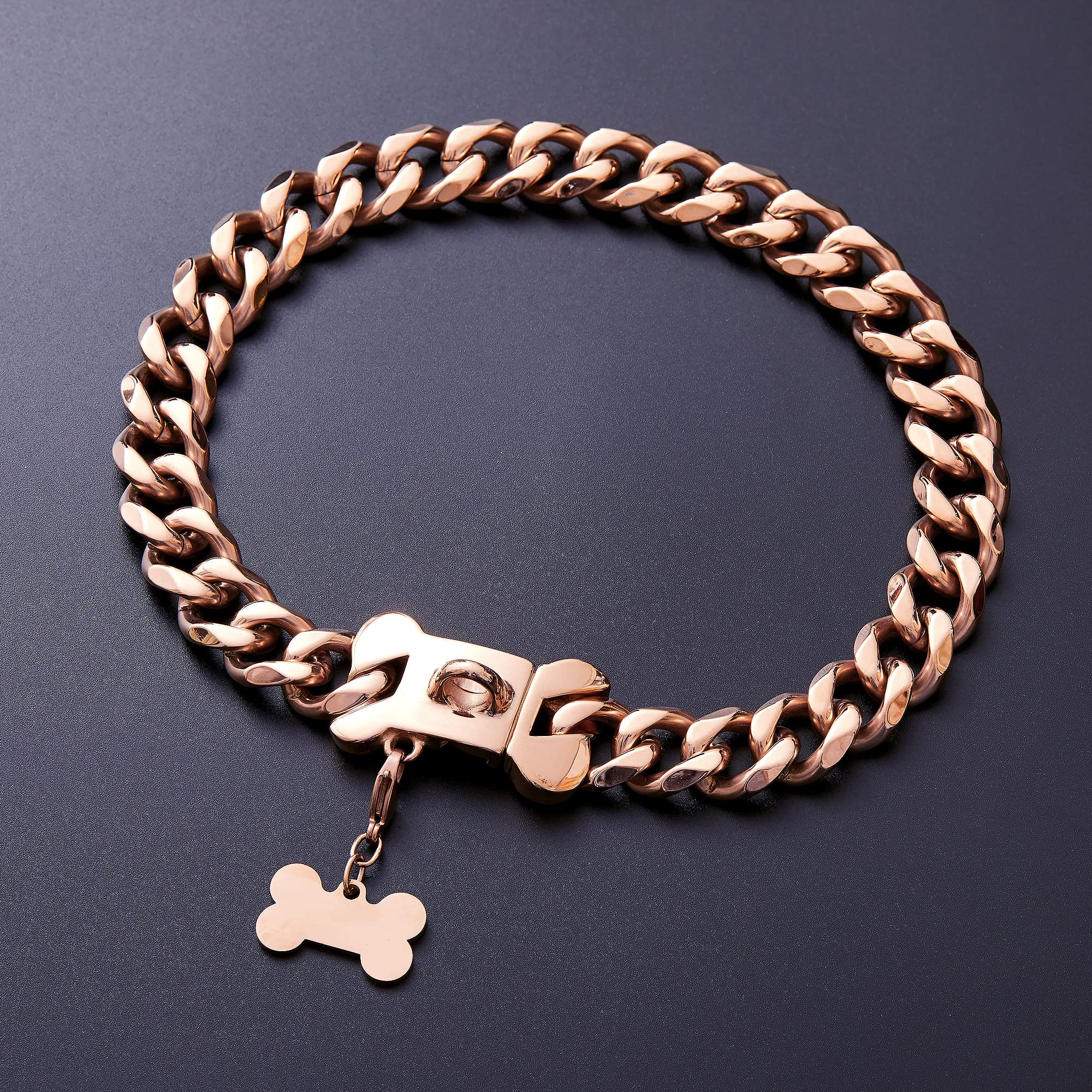 Rose Gold Stainless Steel Cuban Link Heavy Duty Dog Collar For Medium Large Dogs, American Bully French Bulldog Luxury Dog Colla