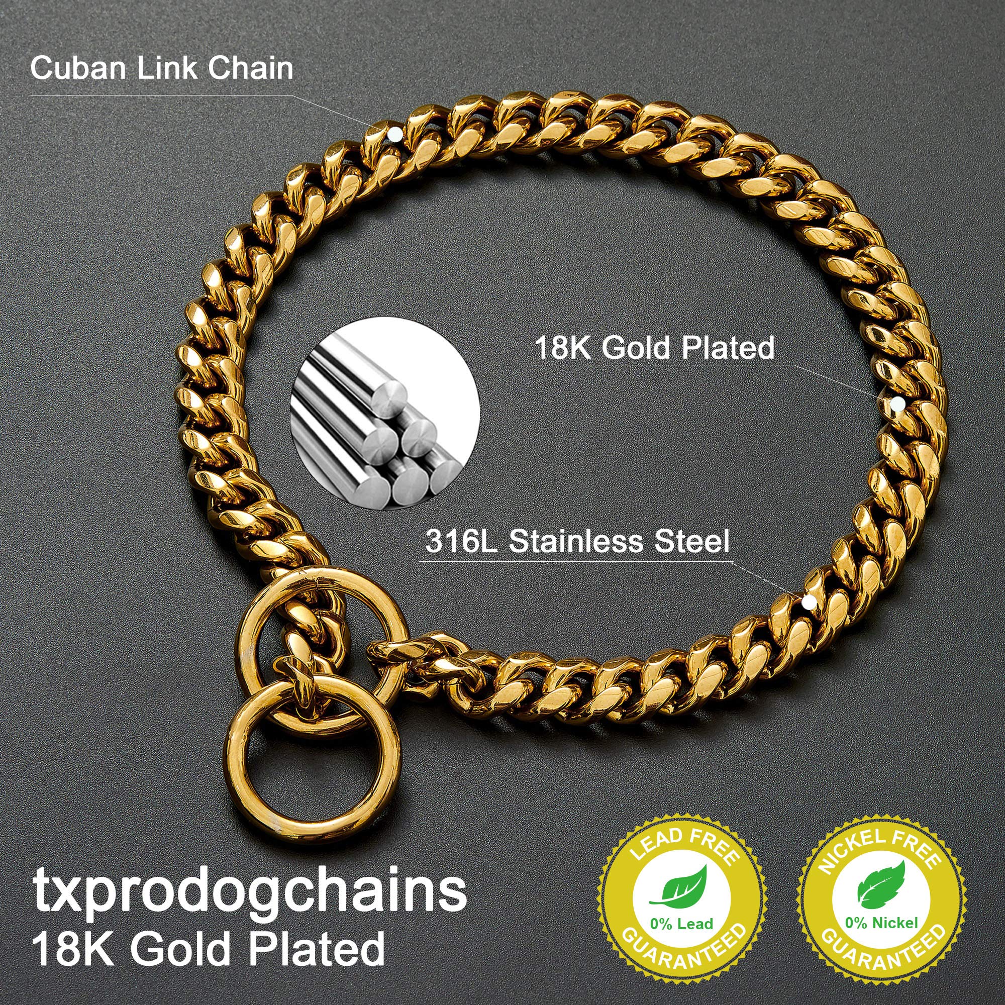Txprodogchains 18K Gold Chain Dog Collar 10Mm Cuban Link Chain Stainless Steel Metal Links Walking Training Collar For Small Medium Large Dogs 10In To 24In (10' (Neck Fits 6'-8'), 18K Gold)