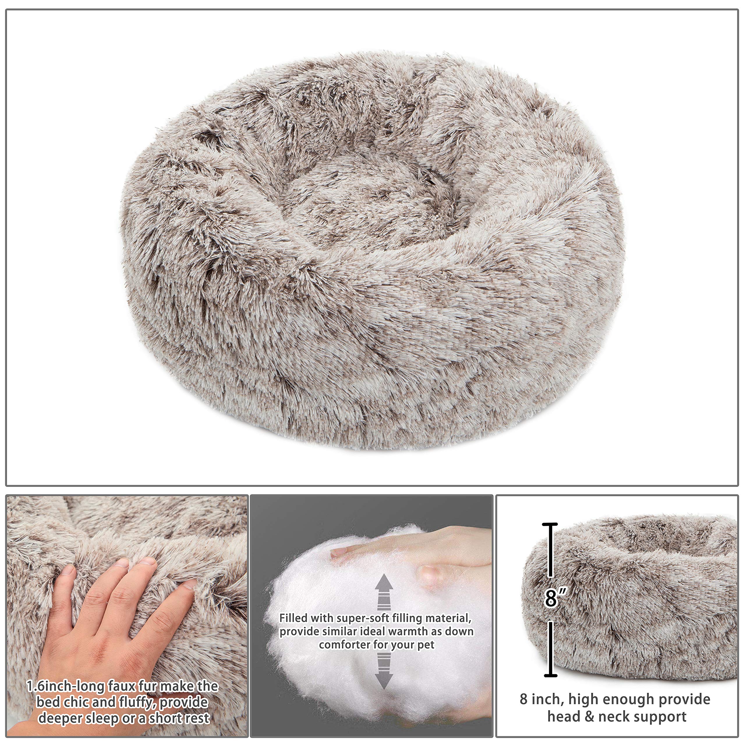 Tormays Calming Donut Dog Bed Xl, Plush Round Cuddler Dog & Cat Bed, Anit-Anxiety Marshmellow Fluffy Faux Fur Cushion(32'', Brow