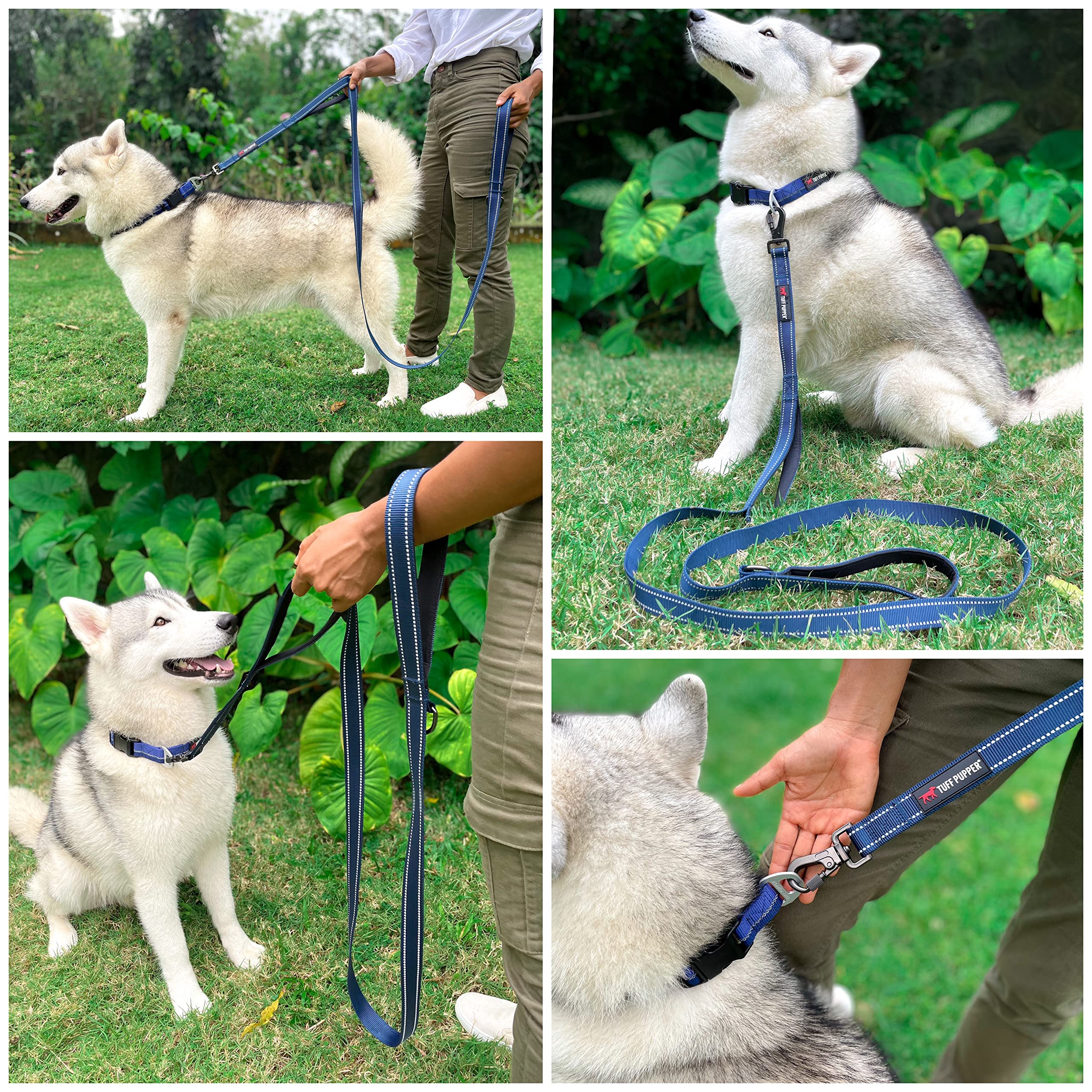 Tuff Pupper Heavy Duty Double Handle Dog Leash | Twist Locking Carabiner Dog Clip | Safety Lock Leash To Hold Strong Dogs | Reflective For Safe Night Walks | 6 Foot Dog Leash | For Medium & Large Dogs