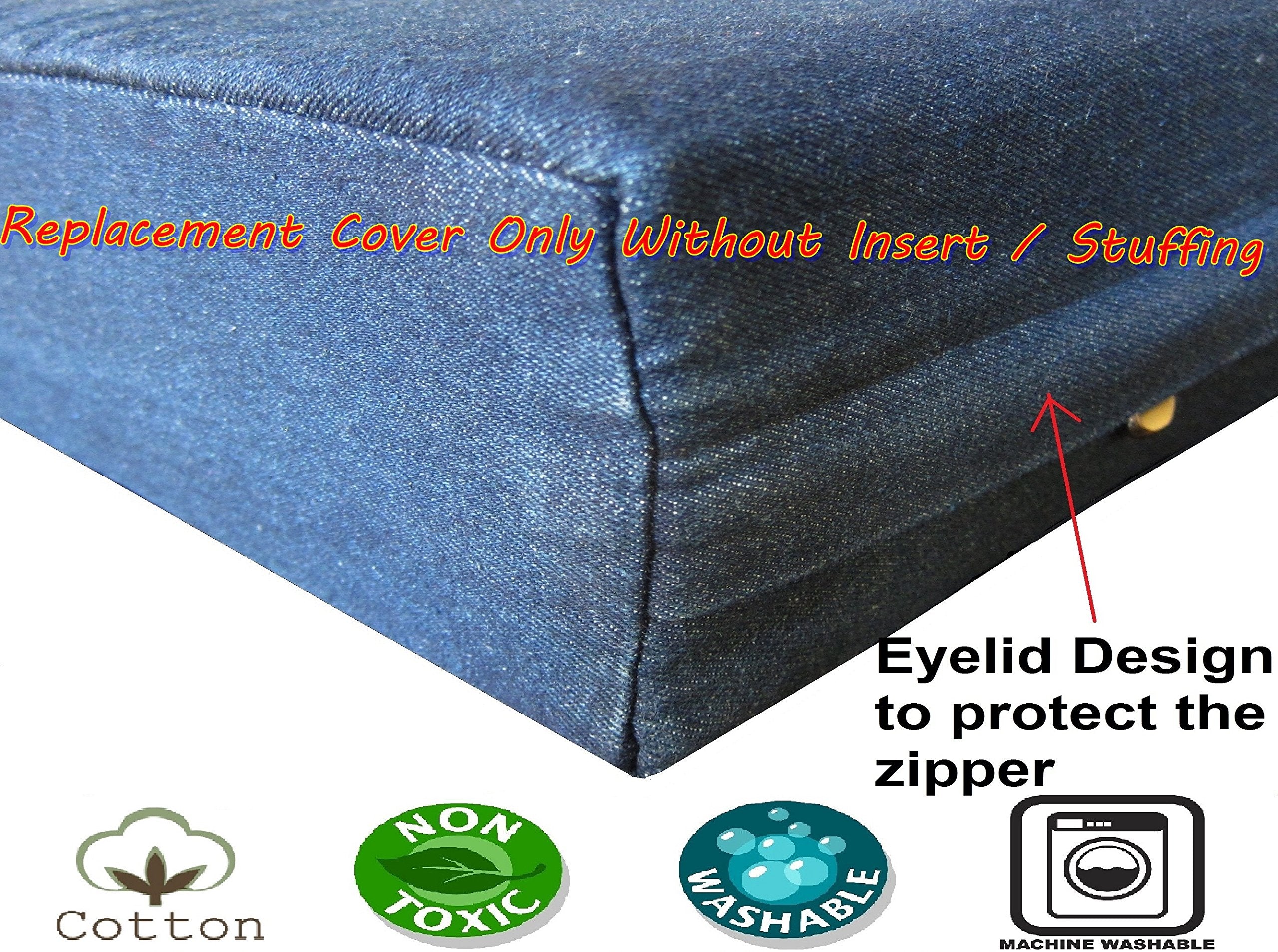 Dogbed4Less 41X27X4 Inches Large Durable Blue Color Denim Jean Cotton Dog Pet Bed External Zipper Cover - Replacement Cover Only
