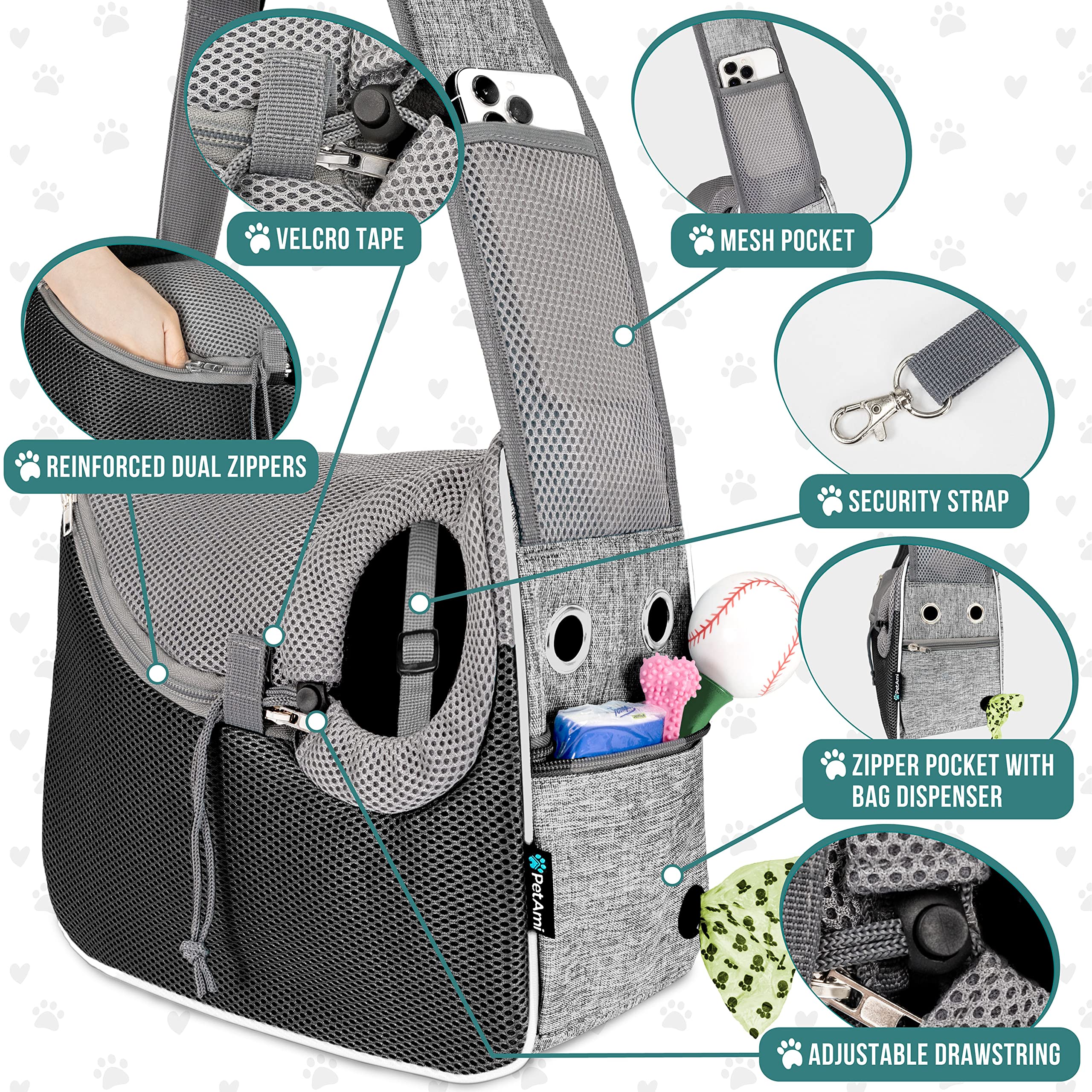 PetAmi Small Dog Sling Carrier, Soft-Sided Crossbody Puppy Carrying Purse Bag, Adjustable Sling Pet Pouch to Wear Medium Dog Cat