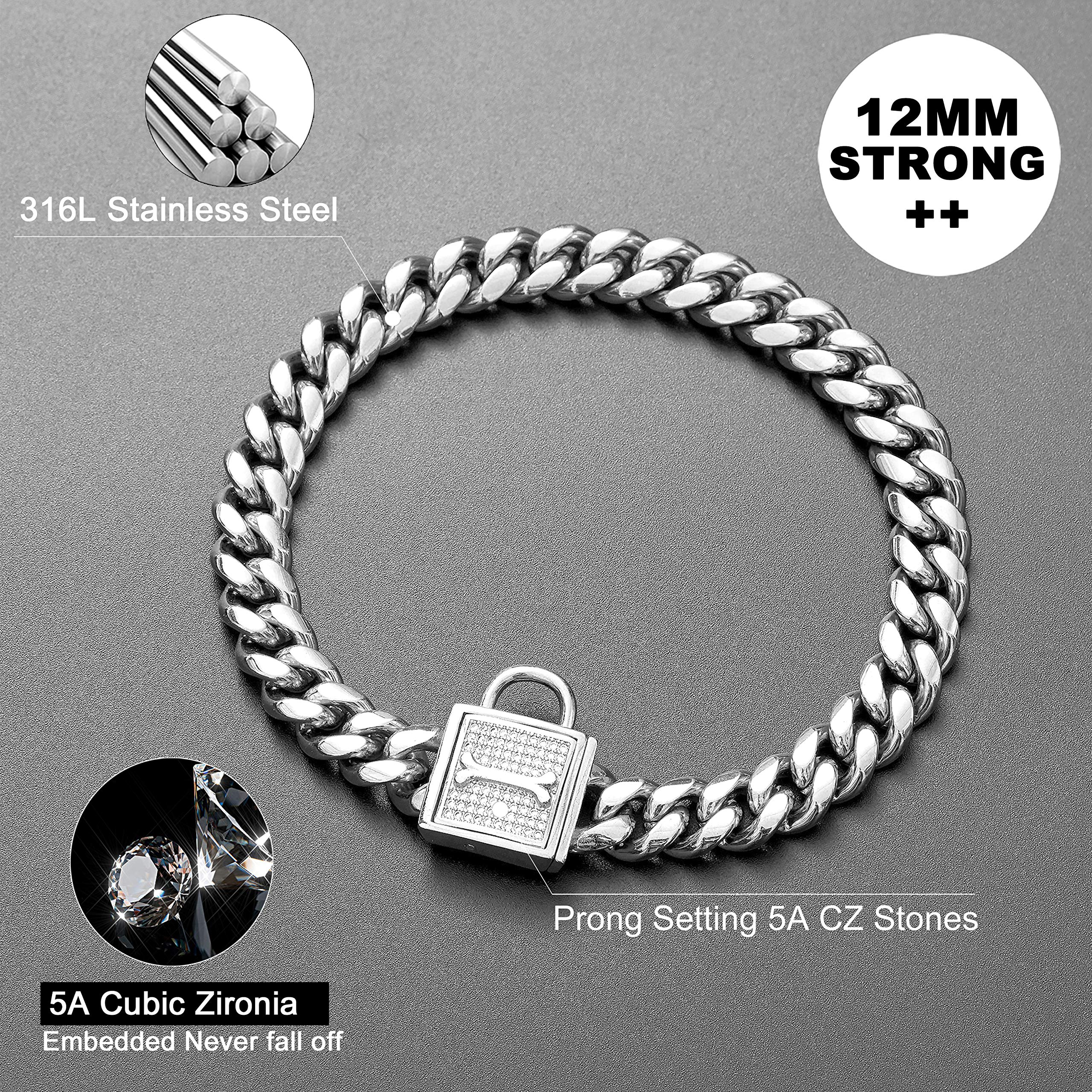 Pradog Chain Dog Collar With Zirconia Locking 12Mm High Polished Cuban Link Chain Metal Stainless Steel Dog Walking Puppy Collar Luxury Dog Bling Necklace(12Mm, 10')