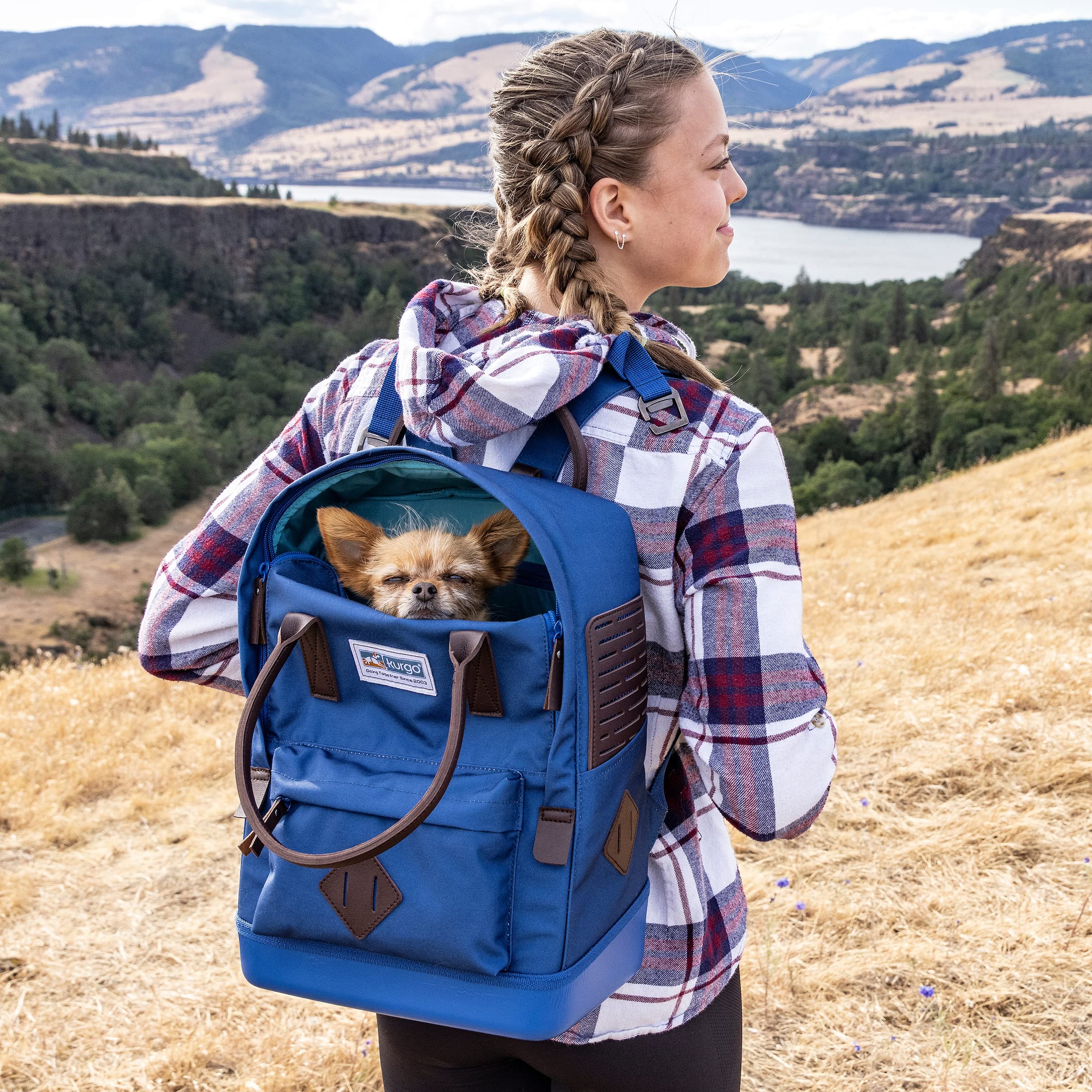 Kurgo Nomad Dog Carrier Backpack, Hiking Backpack For Small Dogs, Pet Travel Back Pack Carrier, Interior Safety Tether, Waterproof Bottom, Dual Carry Handles, Holds Pets Up To 15 Lbs, Blue And Red