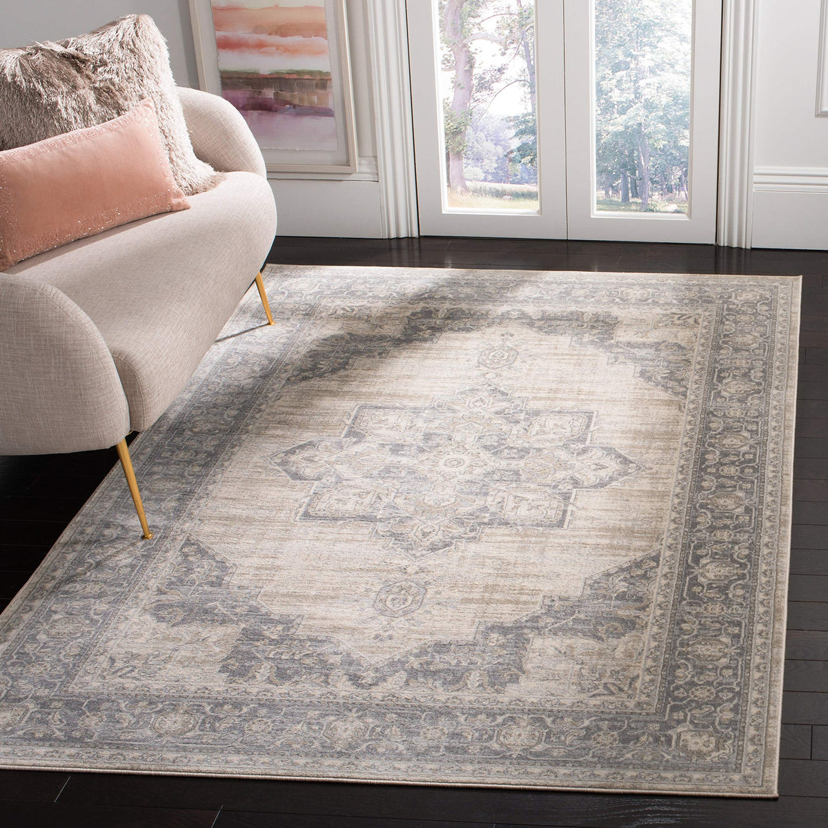 SAFAVIEH Brentwood collection 53 x 76 creamgrey BNT865B Medallion Distressed Non-Shedding Living Room Bedroom Dining Home Office