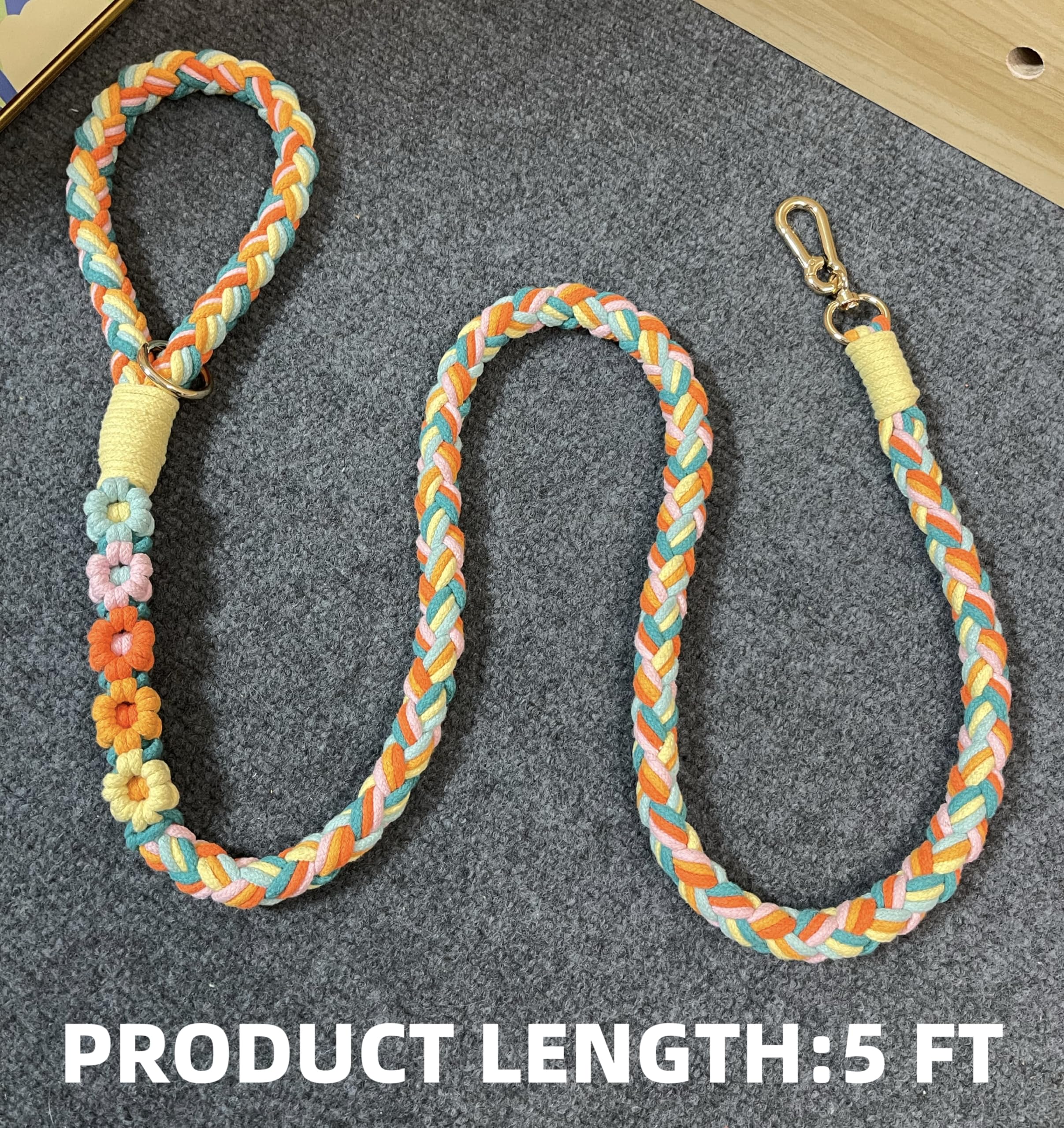 Handmade 5Ft Braided Cotton Dog Leash With Unique Floral Handle, Durable And Stylish, Ideal For Small To Large Dogs,Rainbow Mix