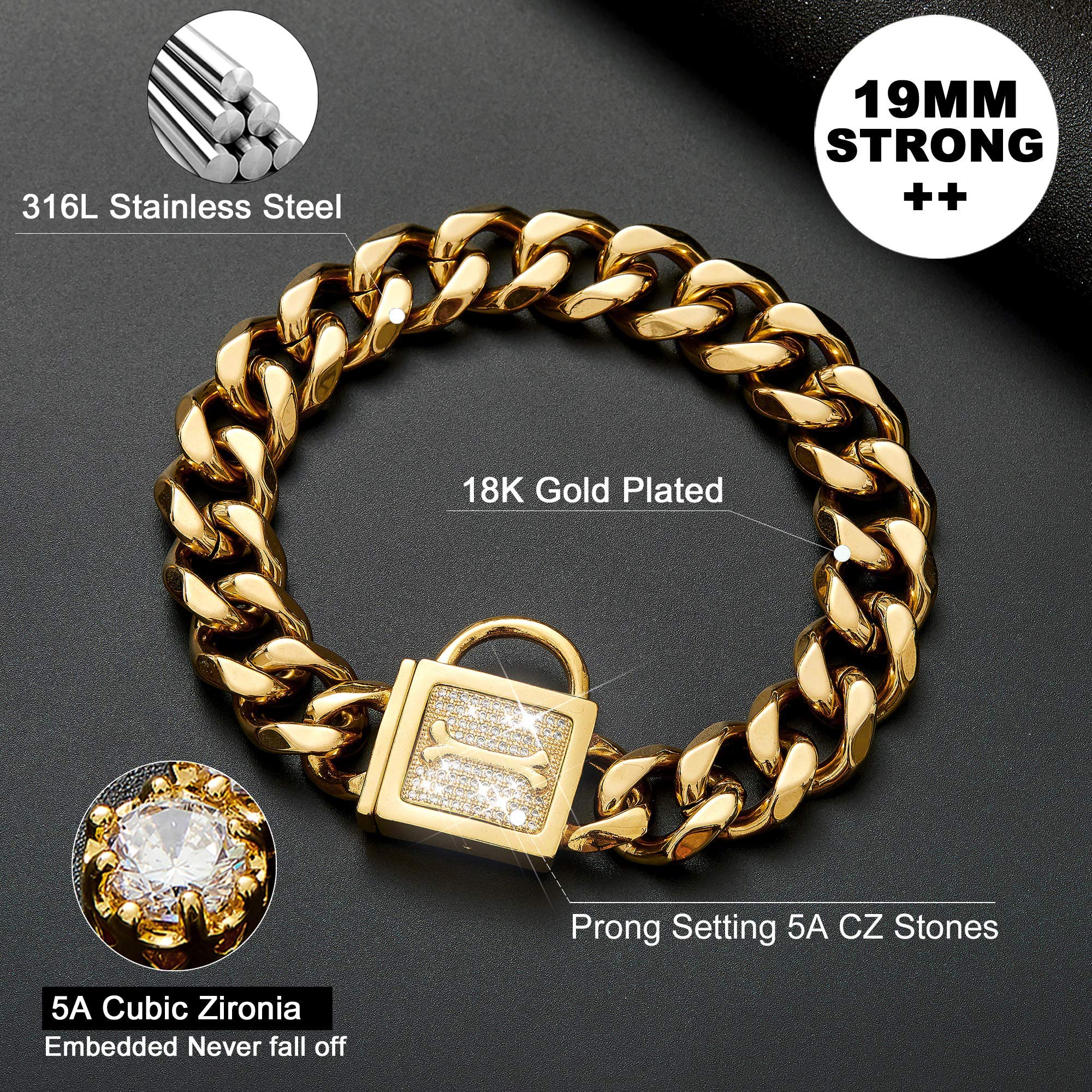 Pradog Dog Chain Collar With Zirconia Buckle 19Mm Gold Cuban Link Puppy Collar Gold Dog Chain Bling Necklace For Medium Dogs (19