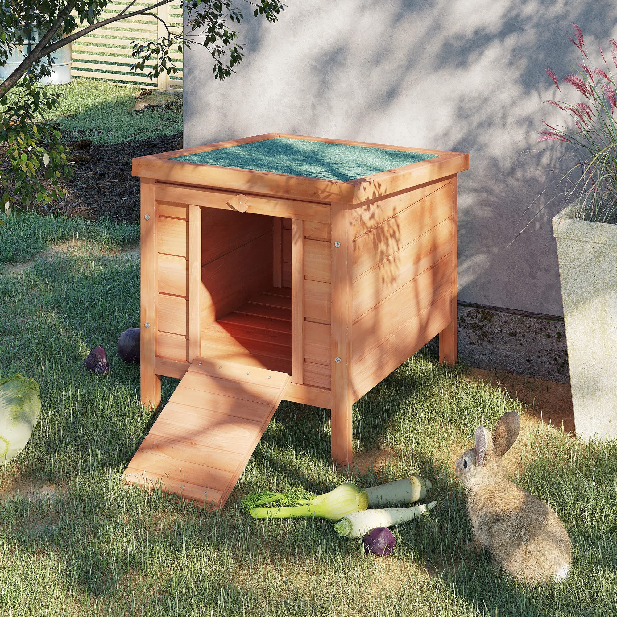 Pawhut Small Wooden Rabbit Hutch Bunny Cage Guinea Pig Cage Duck House Dog House With Openable & Waterproof Roof, Natural