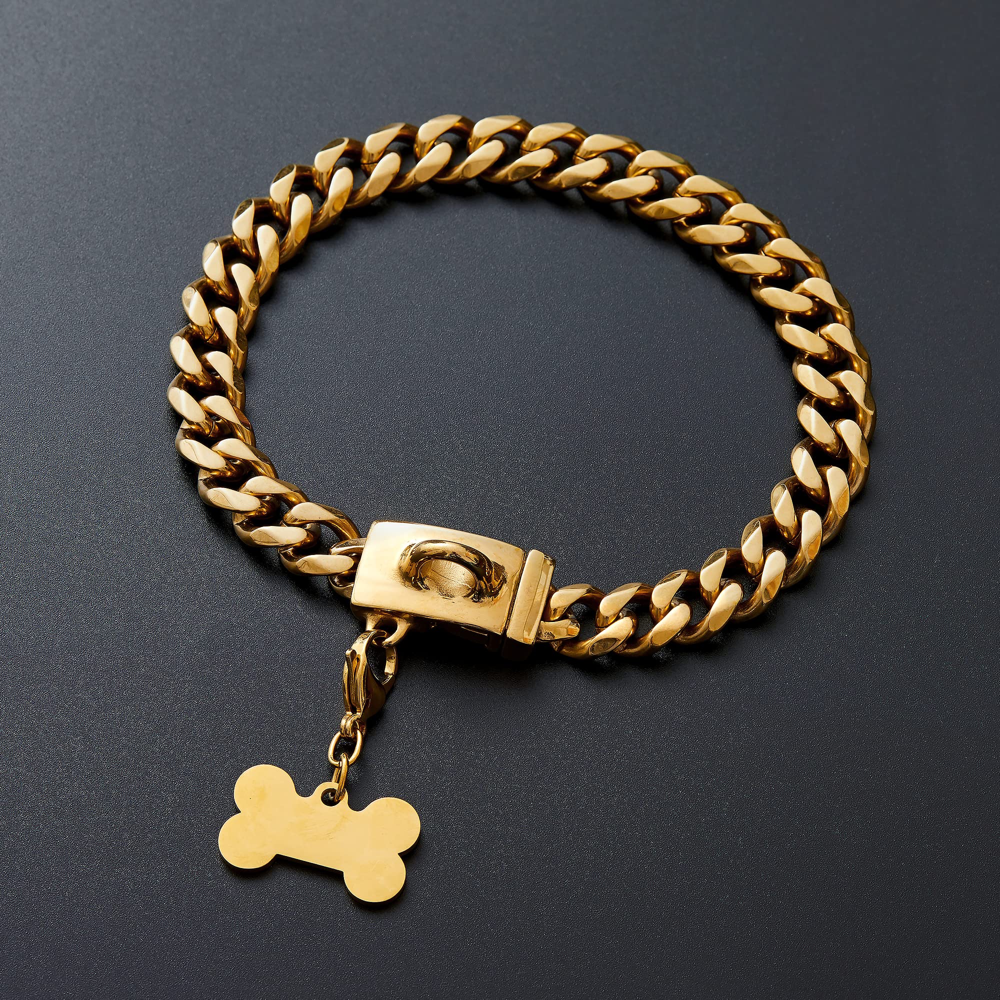 Stainless Steel Buckle Dog Collar, Cool Charm Pet Bulldog Jewelry Necklace, Waterproof Rose Gold Black Silver Anti-Chew Curb Cuban Dog Collar 16 Inch