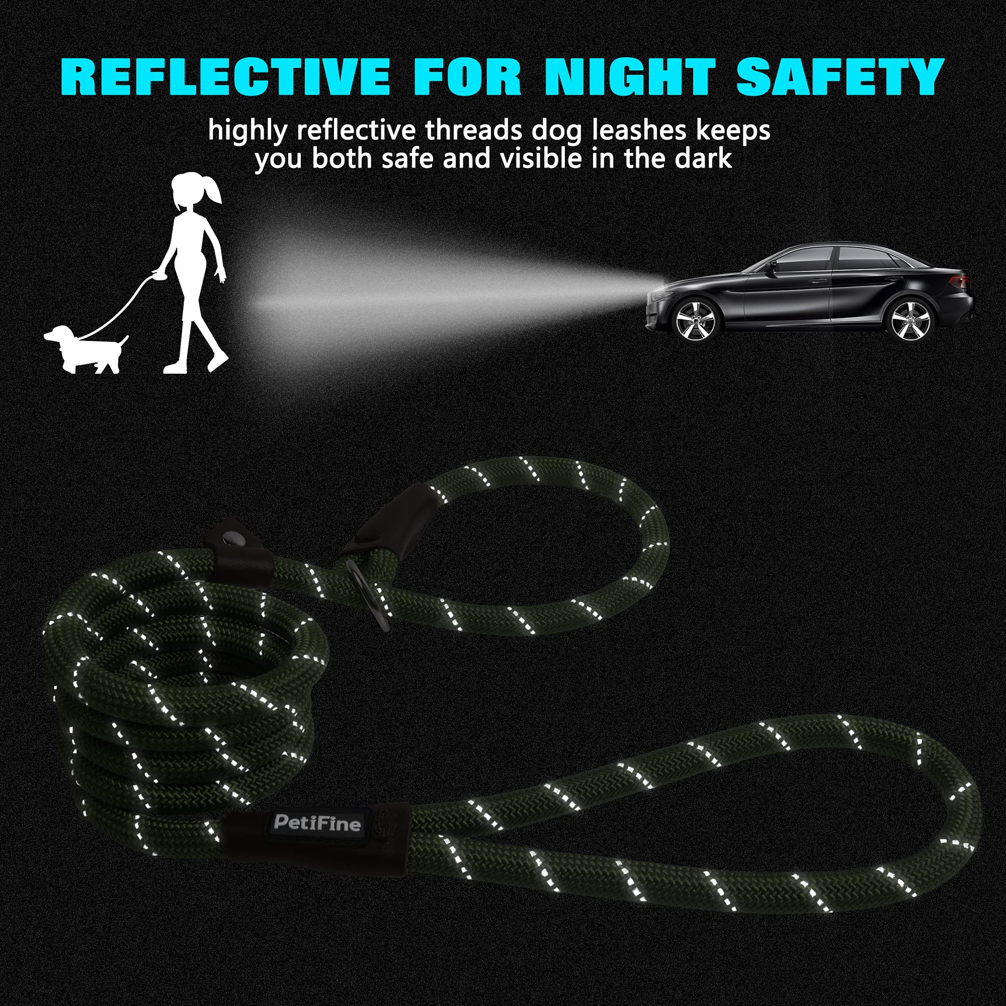 Petifine 6 Ft Slip Lead Dog Leash, Full Reflective Dog Training Leash, Heavy Duty Adjustable Pet Nylon Slip Rope Lead For Small Medium Large Dogs (3/8' -6 Ft, Green)
