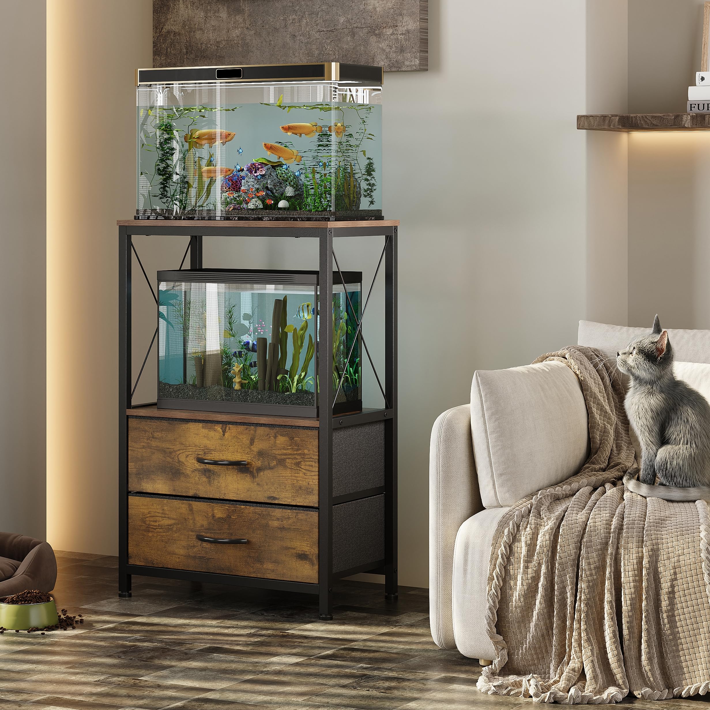 Welfuturer 10 Gallon Aquarium Stand with 2-Tier Shelf Fish Tanks Stand with 2 Drawers Metal Frame Heavy Duty Reptile TurtleTank