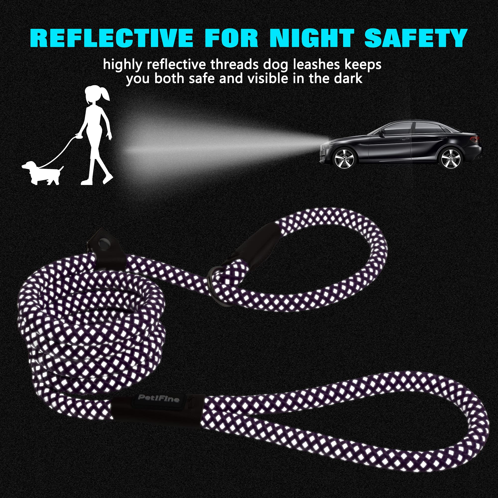 Petifine 6 Ft Slip Lead Dog Leash, Full Reflective Dog Training Leash, Heavy Duty Adjustable Pet Nylon Slip Rope Lead For Small Medium Large Dogs (3/8' -6 Ft, Purple)