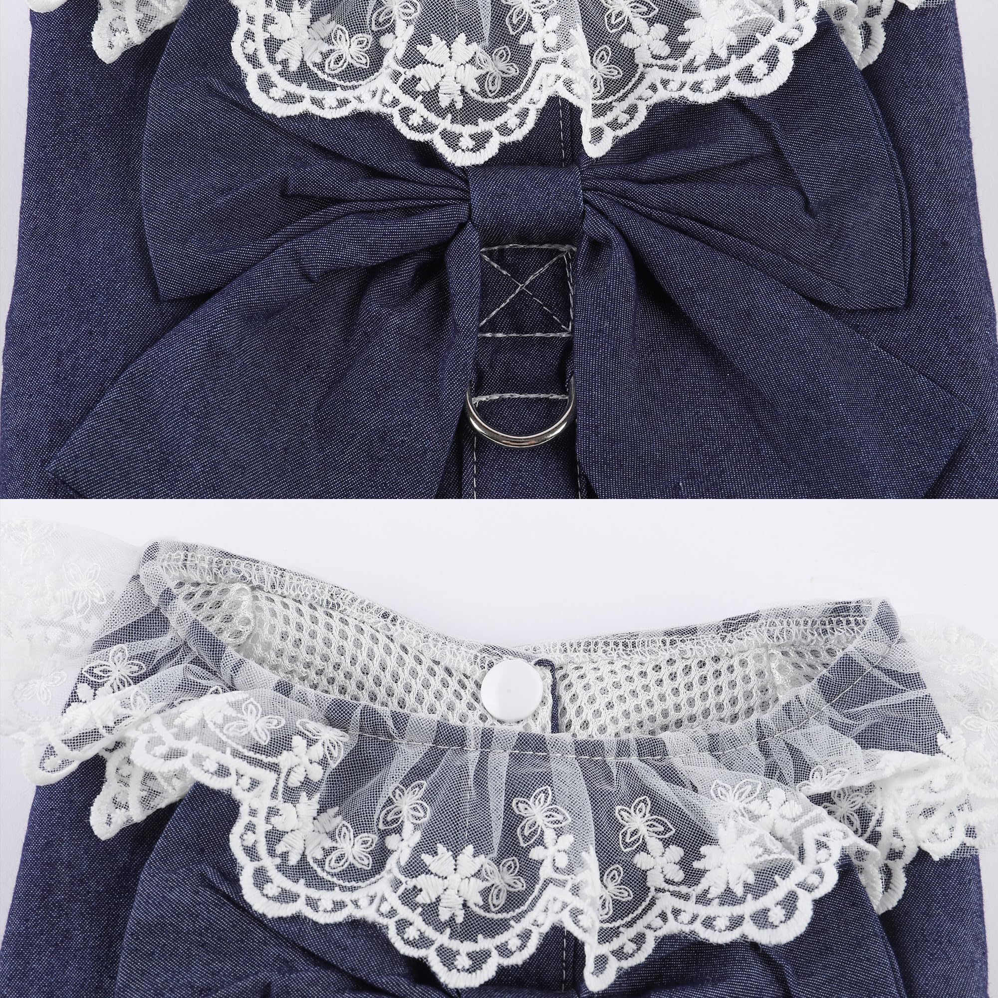 Dog Denim Dress With Leash Ring, Puppy Bowknot Lace Mesh Princess Skirt For Small Pet Fashion Clothes(Navy,X-Small)