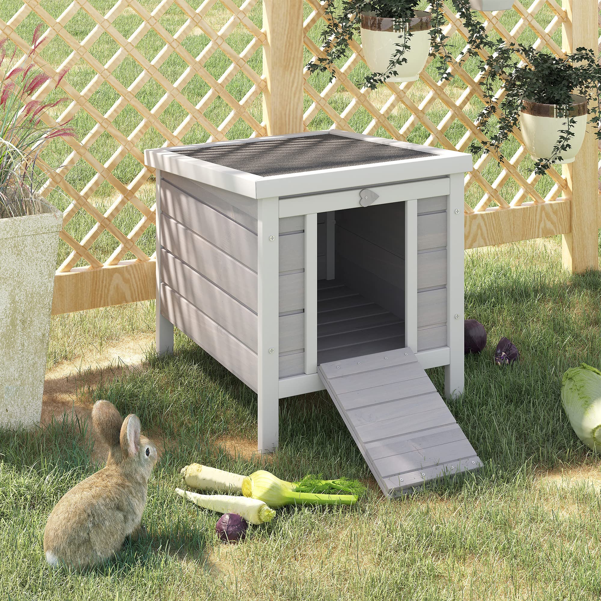 Pawhut Small Wooden Rabbit Hutch Bunny Cage Guinea Pig Cage Duck House Dog House With Openable & Waterproof Roof, Gray
