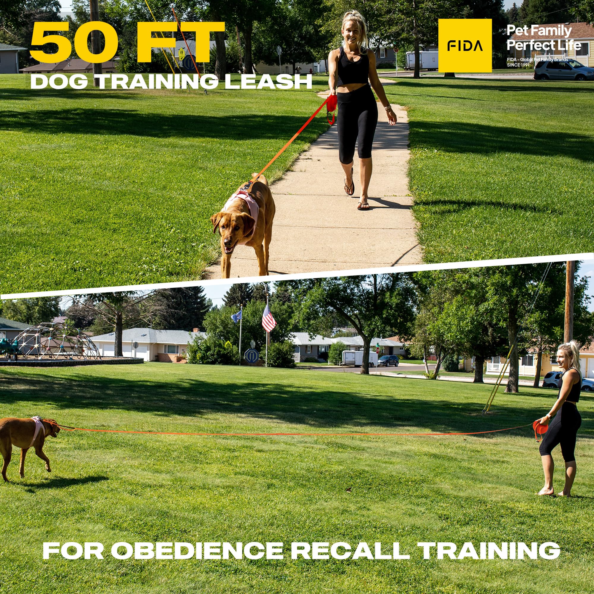 Fida Long Leash for Dogs with Traffic Handle,30ft 50ft Long Dog Leash Reflective Puppy Obedience Recall Training Agility Lead So