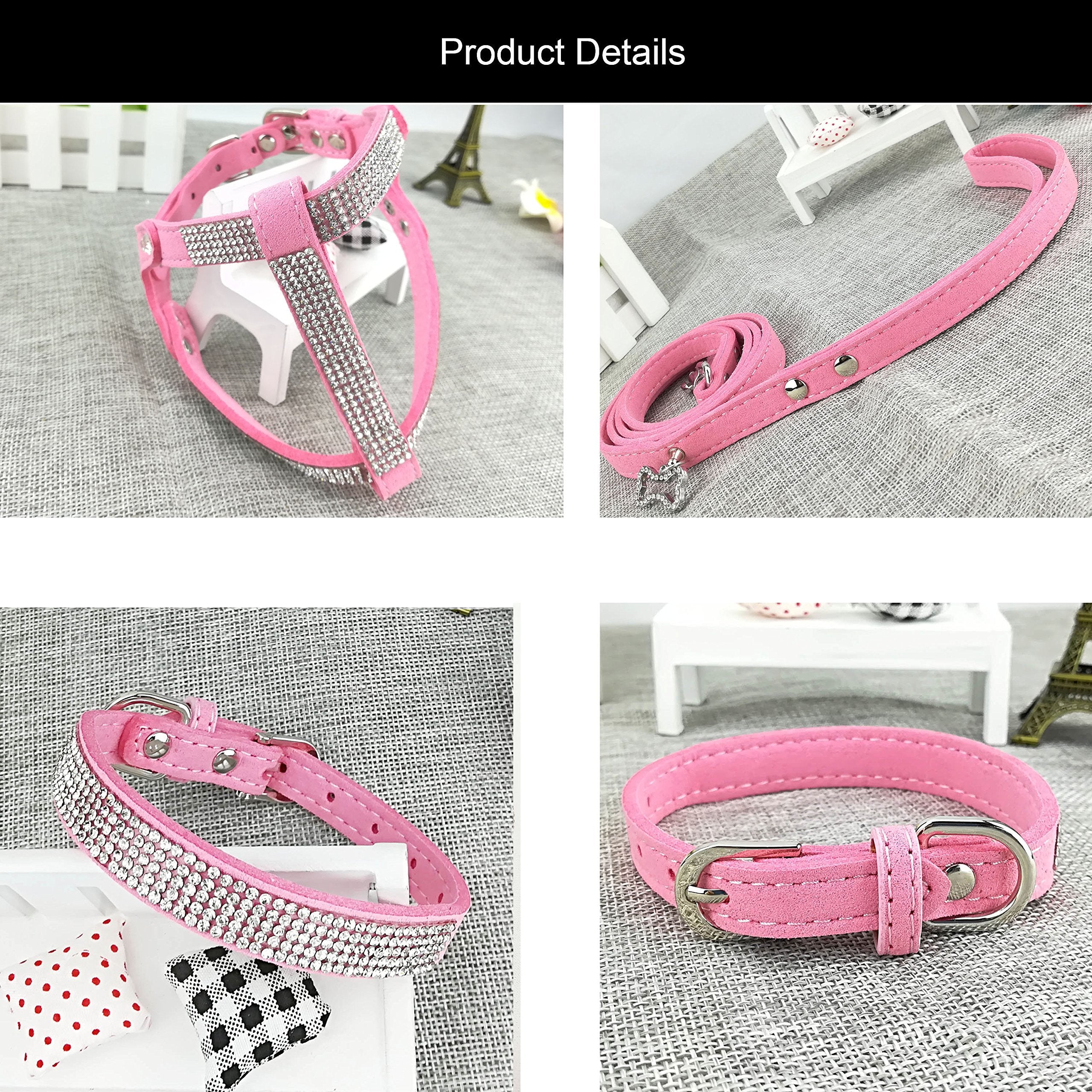 Newtensina Dog Collars & Harness & Lead Sets Fashion Dog Collar Diamante With Harness & Leashes Comfortable Soft Collar Harness And Leashes Set For Dog - Pink - S