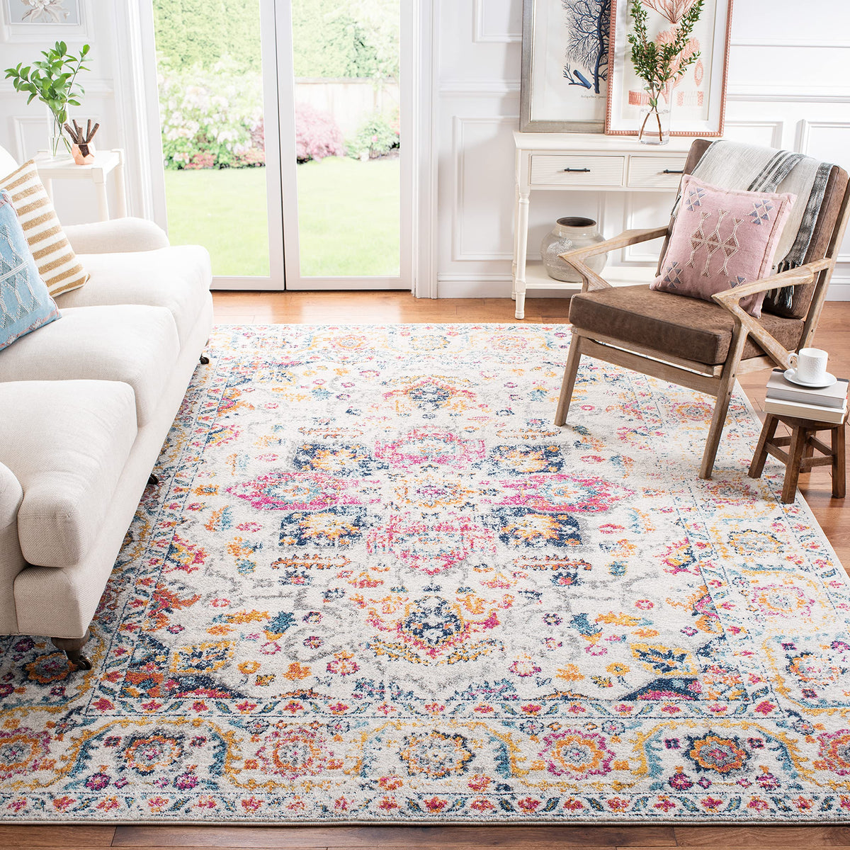 Safavieh Madison Collection 8 X 10 Fuchsia  Ivory Mad603R Oriental Snowflake Medallion Distressed Non-Shedding Living Room Bedro