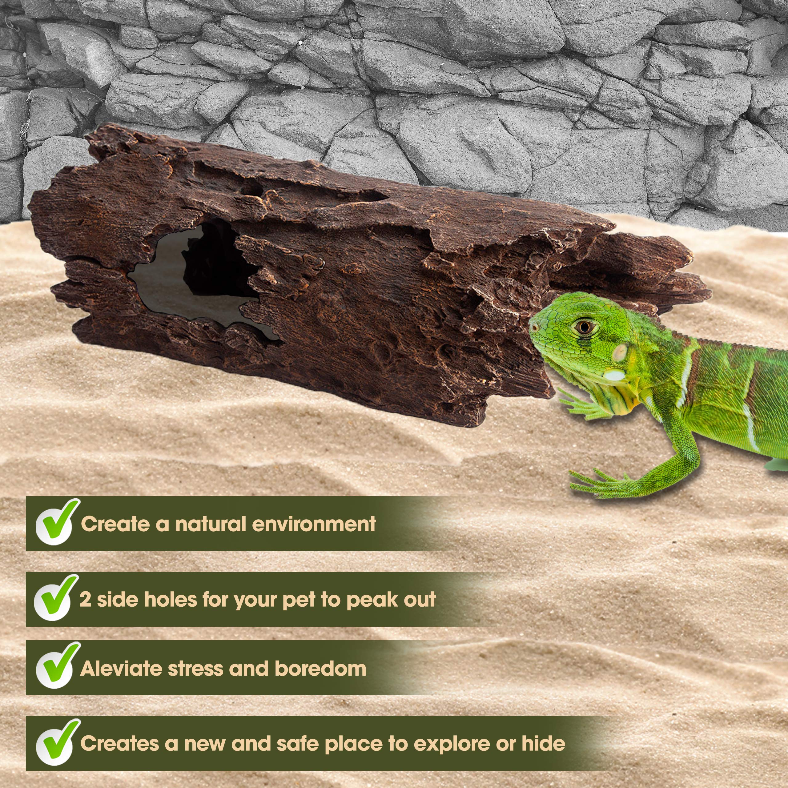 Lizard, Snake Or Reptile Hide. Xl Large 14' Hollow Log For Aquarium Or Fish Tank. Bearded Dragon Or Gecko Tank Accessories. Natural Looking Basking Platform, Shrimp Or Betta Fish Hideout