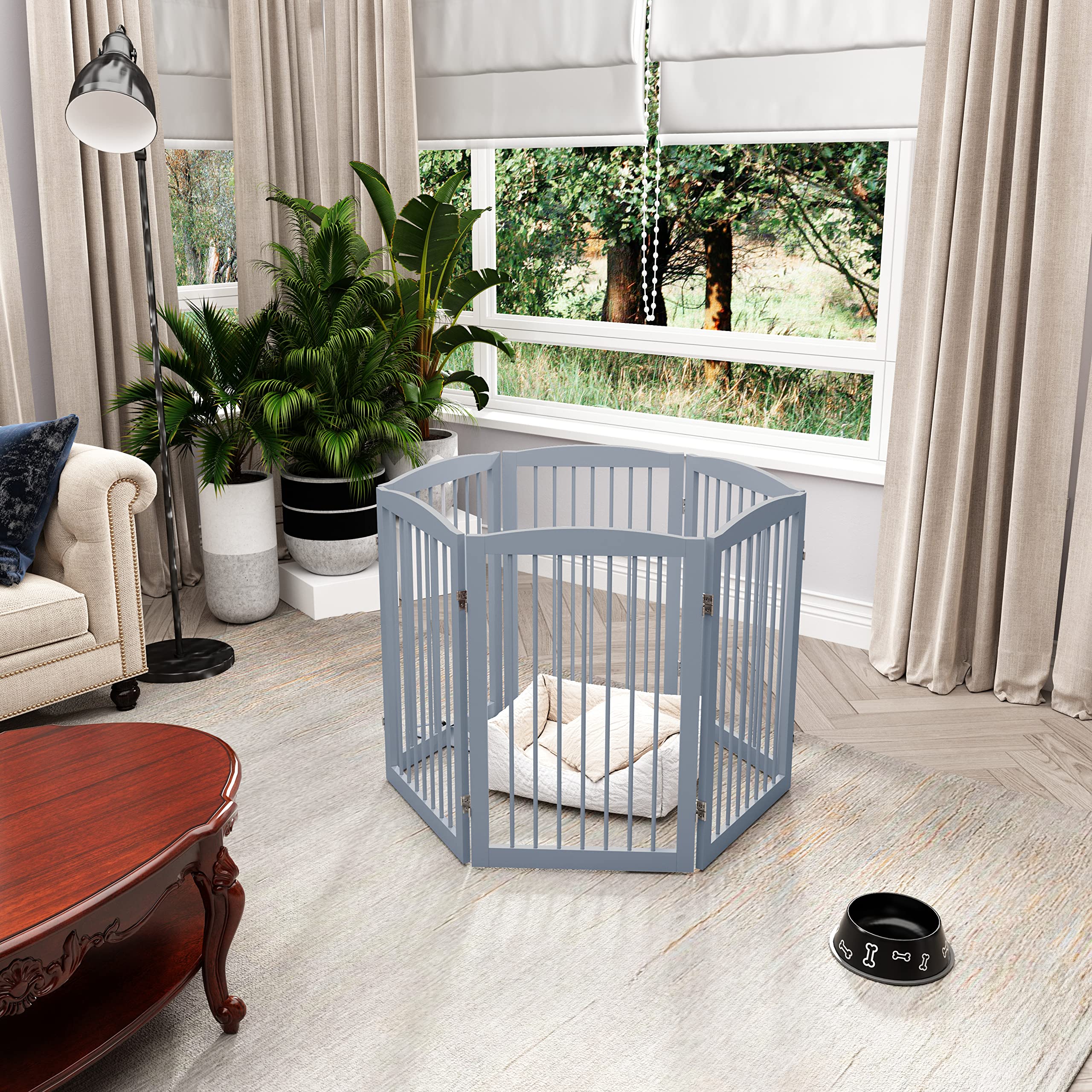 Pupetpo Freestanding Pet Gate For Dogs, Indoor Wooden Dog Gate For House, Extra Wide Dog Gate, Foldable Dog Gate For Stairs, Doorways, Halls, Support Feet Included, 120 Inch Wide, 6 Panels 32', Grey