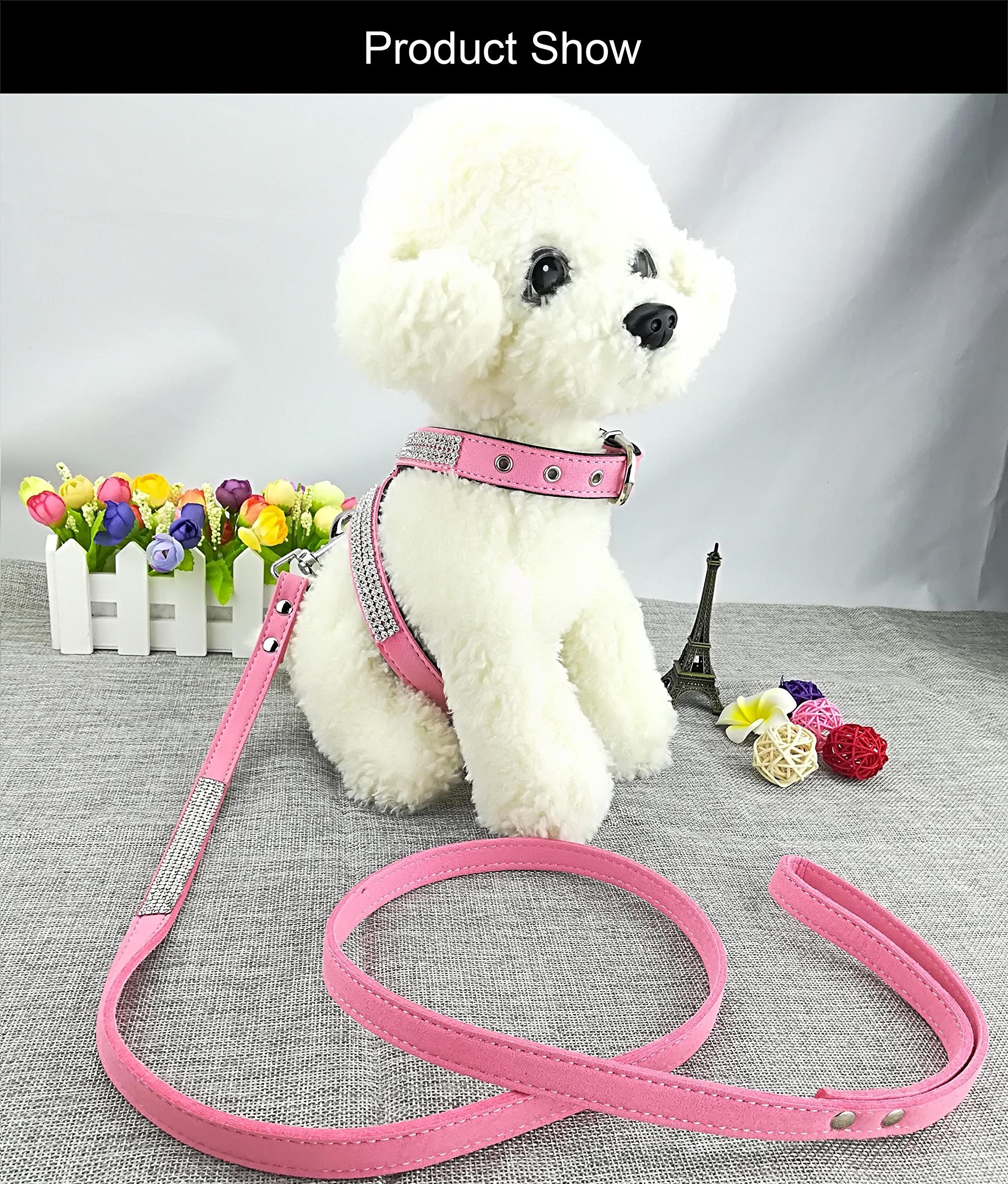 Newtensina Fashion Puppy Harness With Diamantes And Lead Cute Girl Bling Dog Harness With Bling Leash For Small Dogs - Pink - L