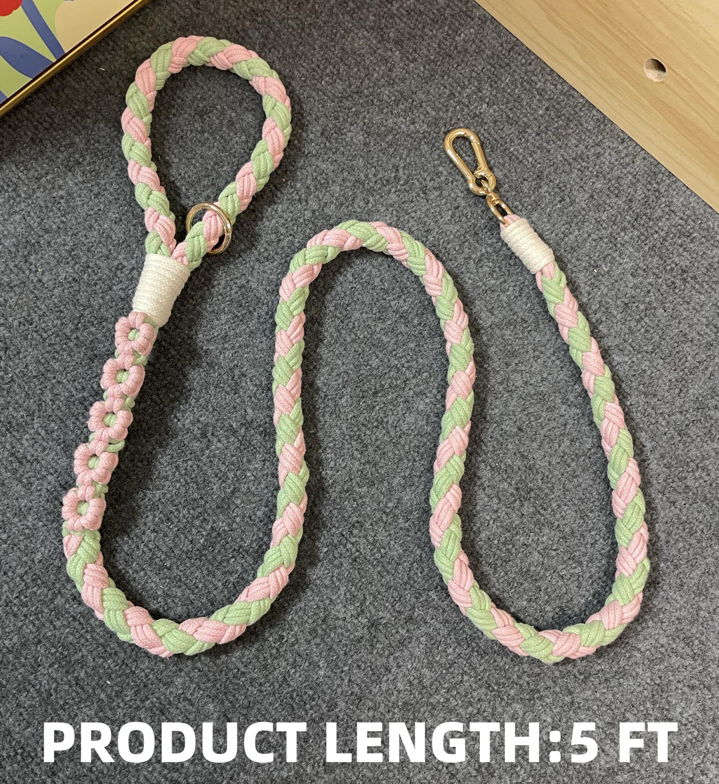 Handmade 5Ft Braided Cotton Dog Leash With Unique Floral Handle, Durable And Stylish, Ideal For Small To Large Dogs, Pink & Gree
