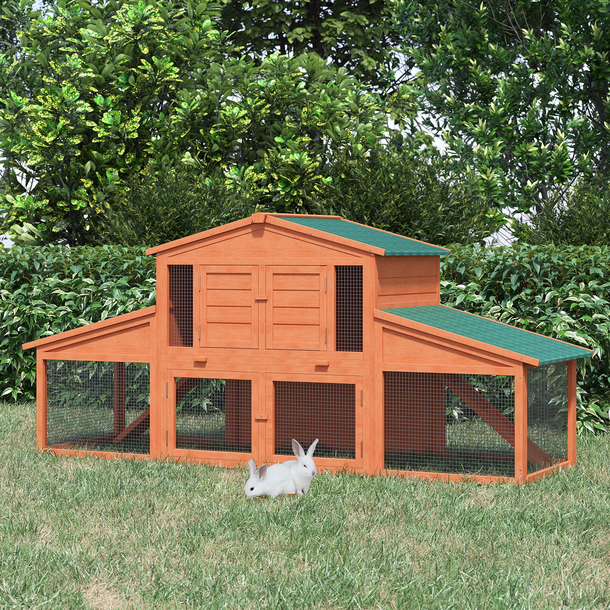 Pawhut 89' L Outdoor Rabbit Hutch, Guinea Pig Cage Indoor Outdoor Wooden Bunny Hutch With Double Runs, Weatherproof Roof, Removable Tray, Ramps, Natural