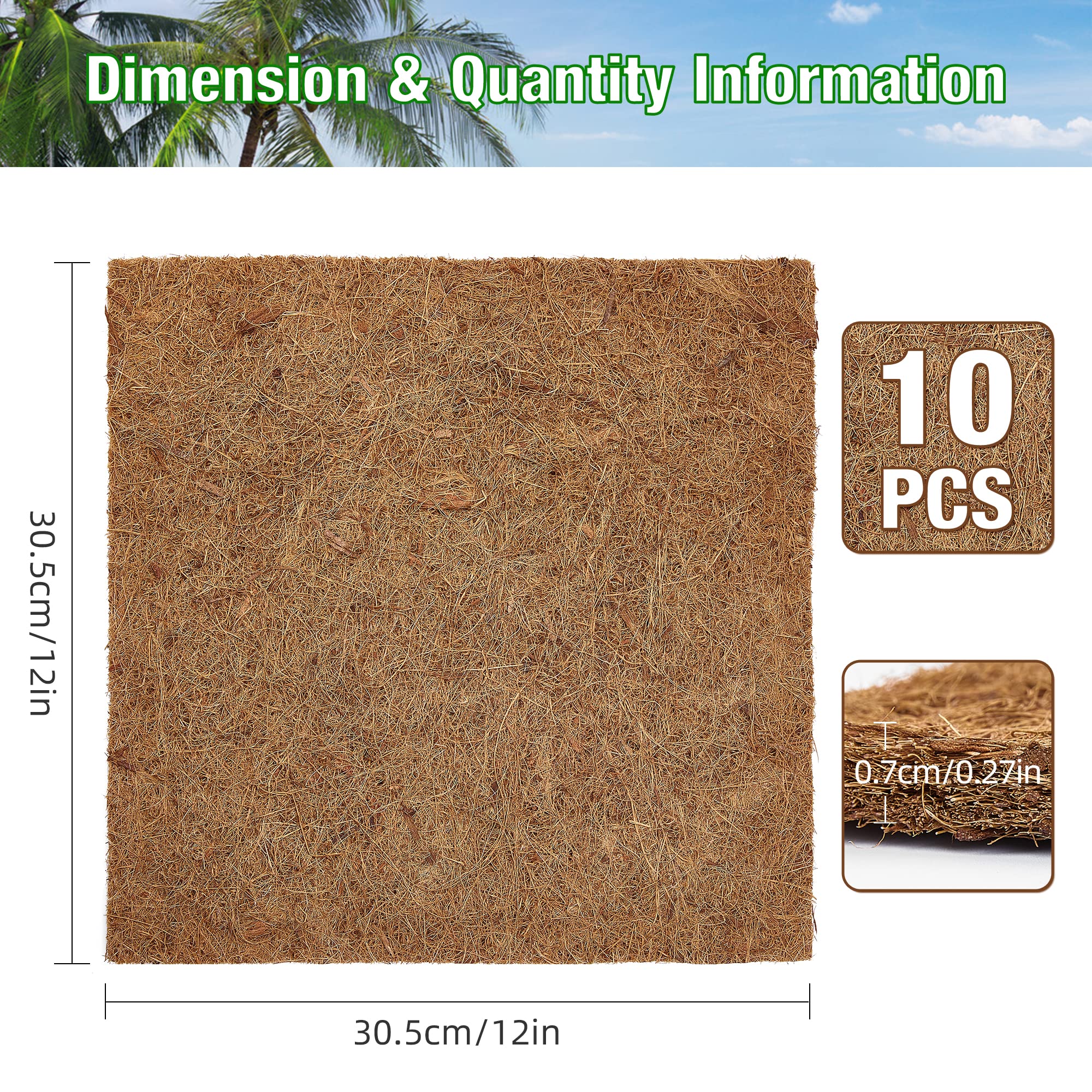 ZeeDix 10 Pieces Reptile Carpet- 12 x 12 inches Natural Coconut Fiber Pet Mat Tortoise Carpet Mat Coco Fiber Substrate Liner Pet