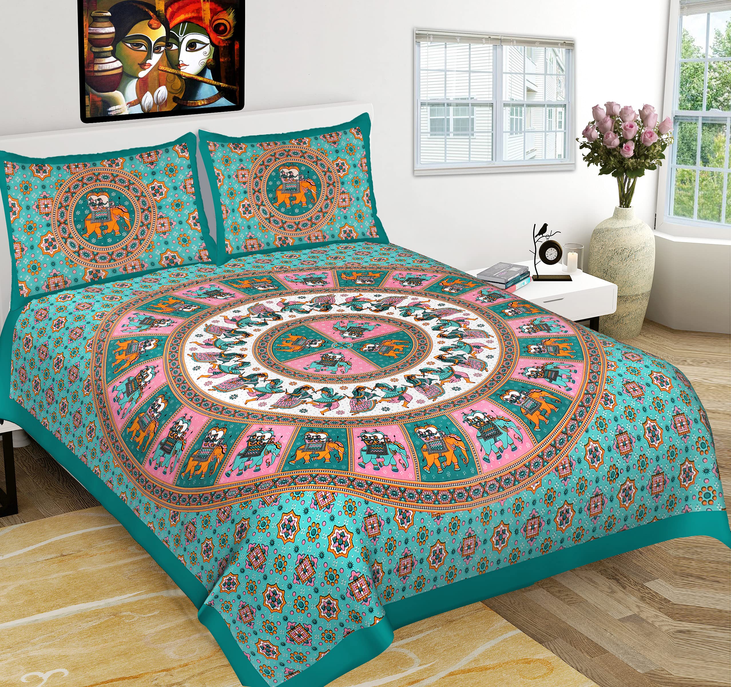 RHF Cotton Double Bedsheet with 2 Pillow Covers  Orange and White (Multicolor13, Double)