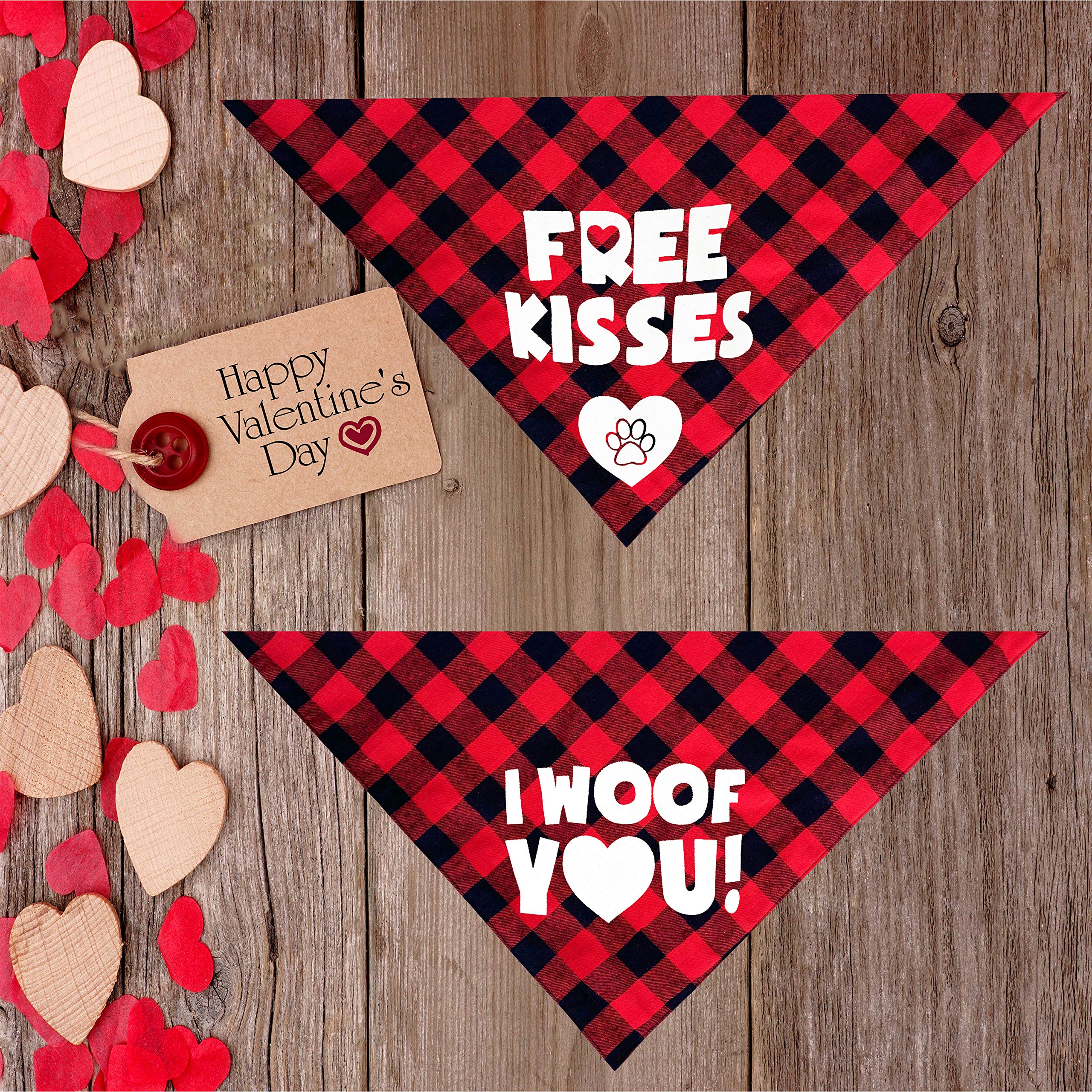 Pohshido 2 Pack Valentine'S Dog Bandana, Holiday Buffalo Plaid Bandana Scarfs For Small Medium Large Dogs Cats Pet Puppies (Free Kisses)