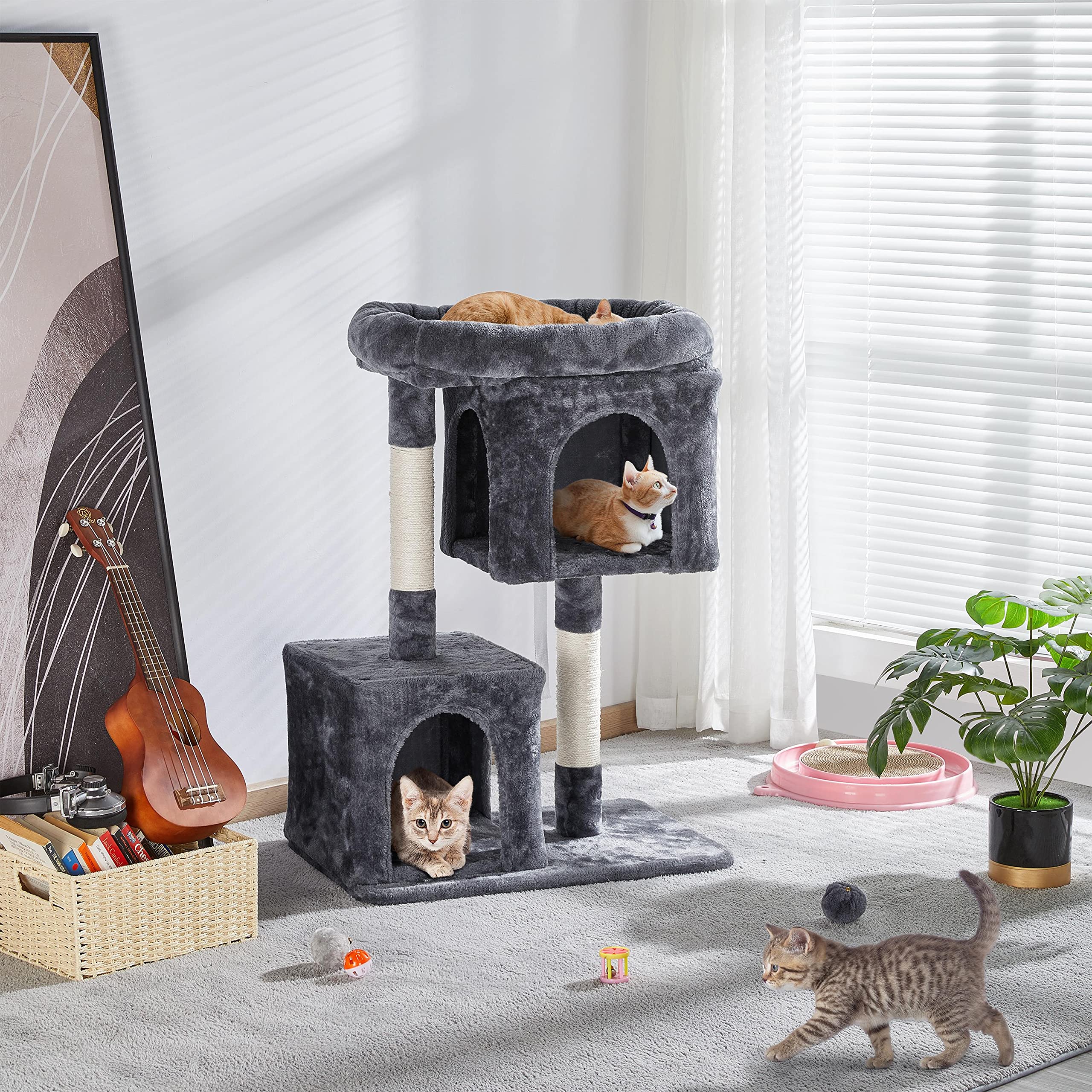 Yaheetech 33.5In Cat Tree Tower For Indoor Cats W/2 Cozy Plush Condos, Oversized Perch & Sisal Scratching Posts, Stable Cat Stand House For Large Cats & Pets