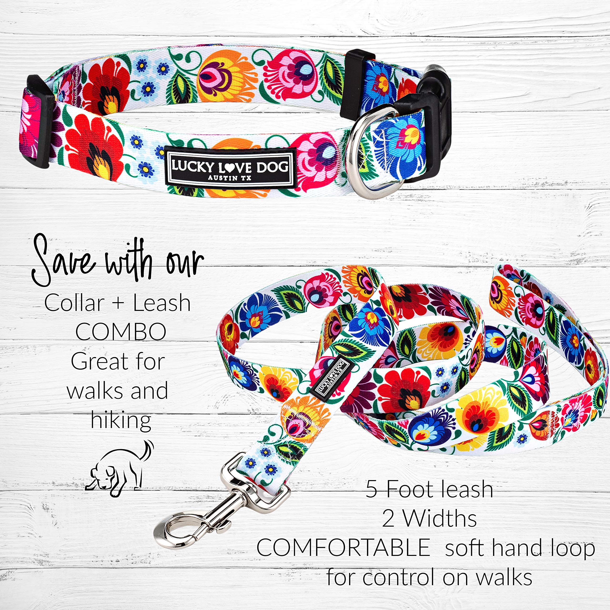 Lucky Love Dog Combo Set | Floral Dog Collar And Leash Set For Large Dogs | Cute Girl Matching Collar & Leash Set | Part Of Purchase Donated To Rescue (Ladybird Collar/Leash Combo, Large)