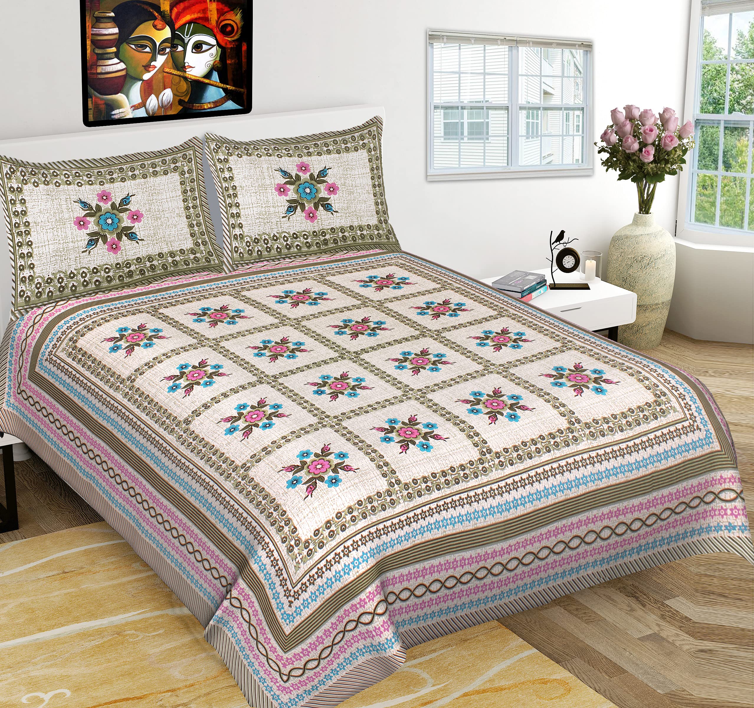 RHF Cotton Double Bedsheet with 2 Pillow Covers  Orange and White (Multicolor4, Double)