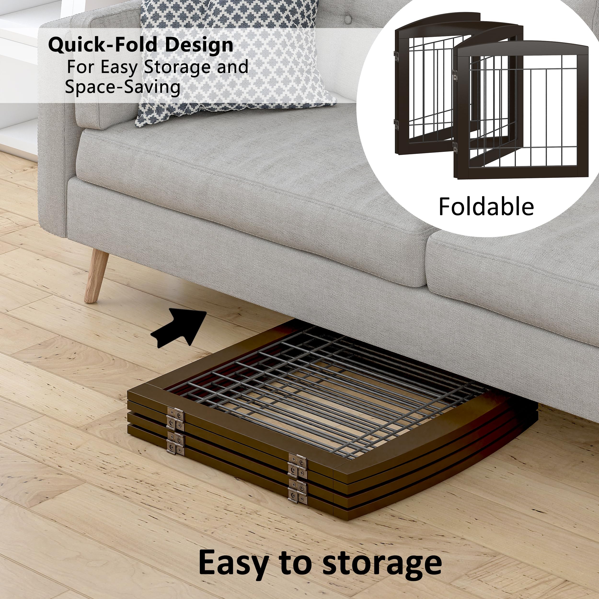 Pawland Dog Gate For The House Doorway Stairs Foldable Freestanding Indoor Pet Gate For Dogs Wooden Puppy Safety Fence 80' Wide 24' Height 4 Panels, Espresso