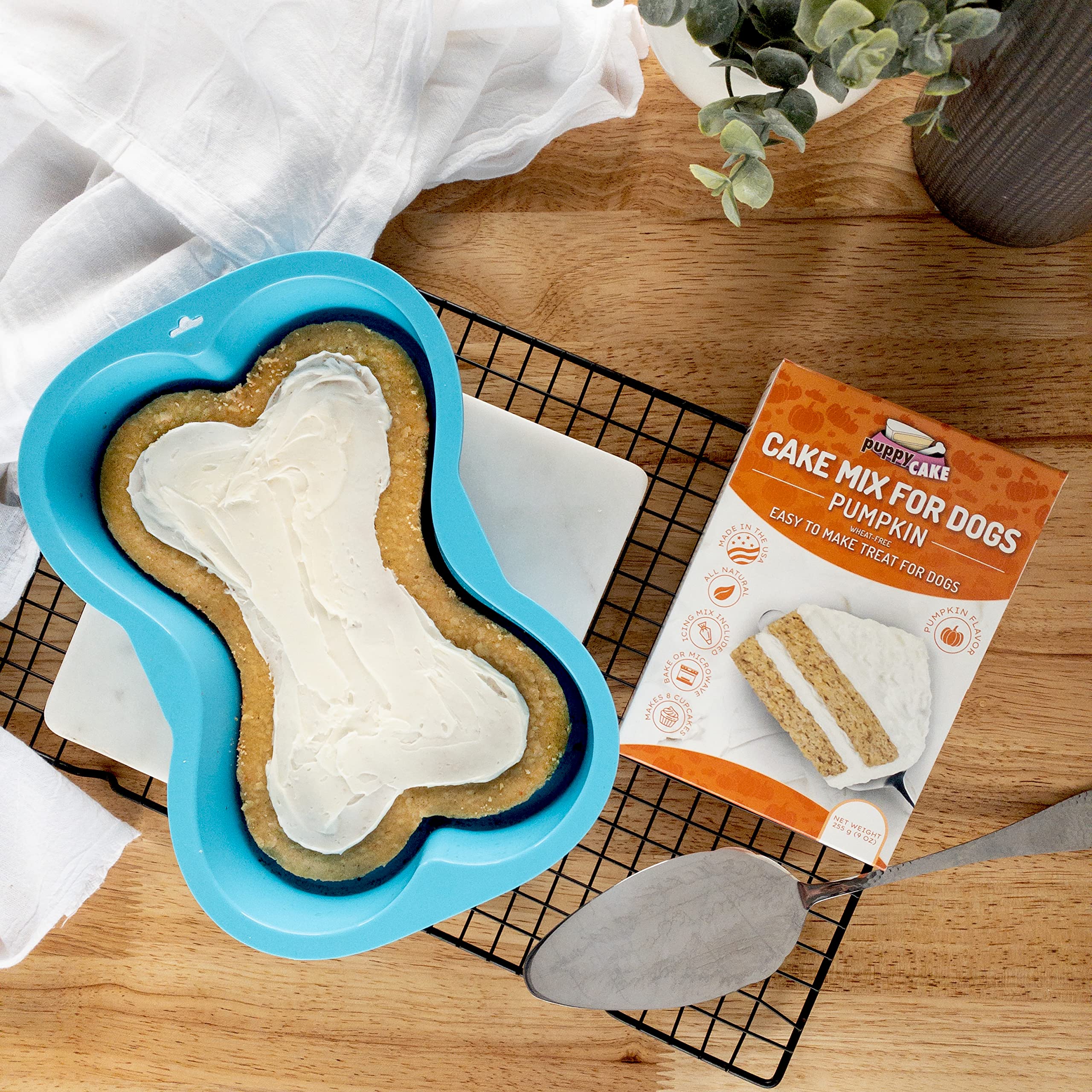 Puppy Cake Mix Dog Birthday Cake Kit, With Bone Silicone Pan And Candles (Pumpkin, Blue)