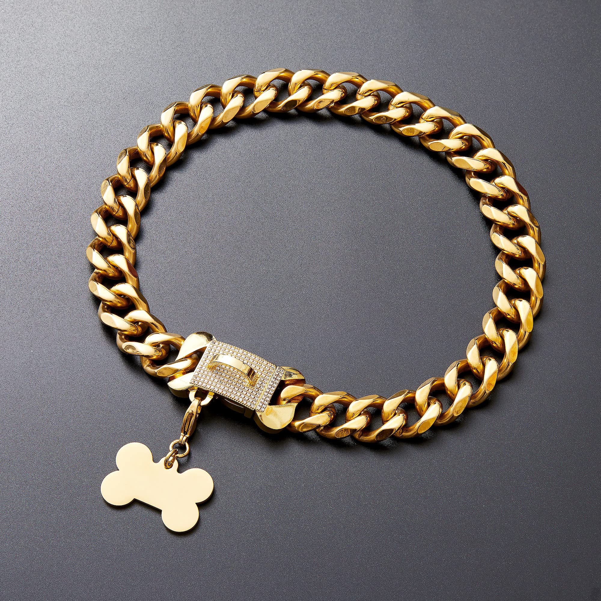 Stainless Steel Cuban Gold Link Heavy Duty Necklace Dog Collar For Small Medium Large Dogs, American Bully French Bulldog Dog Co