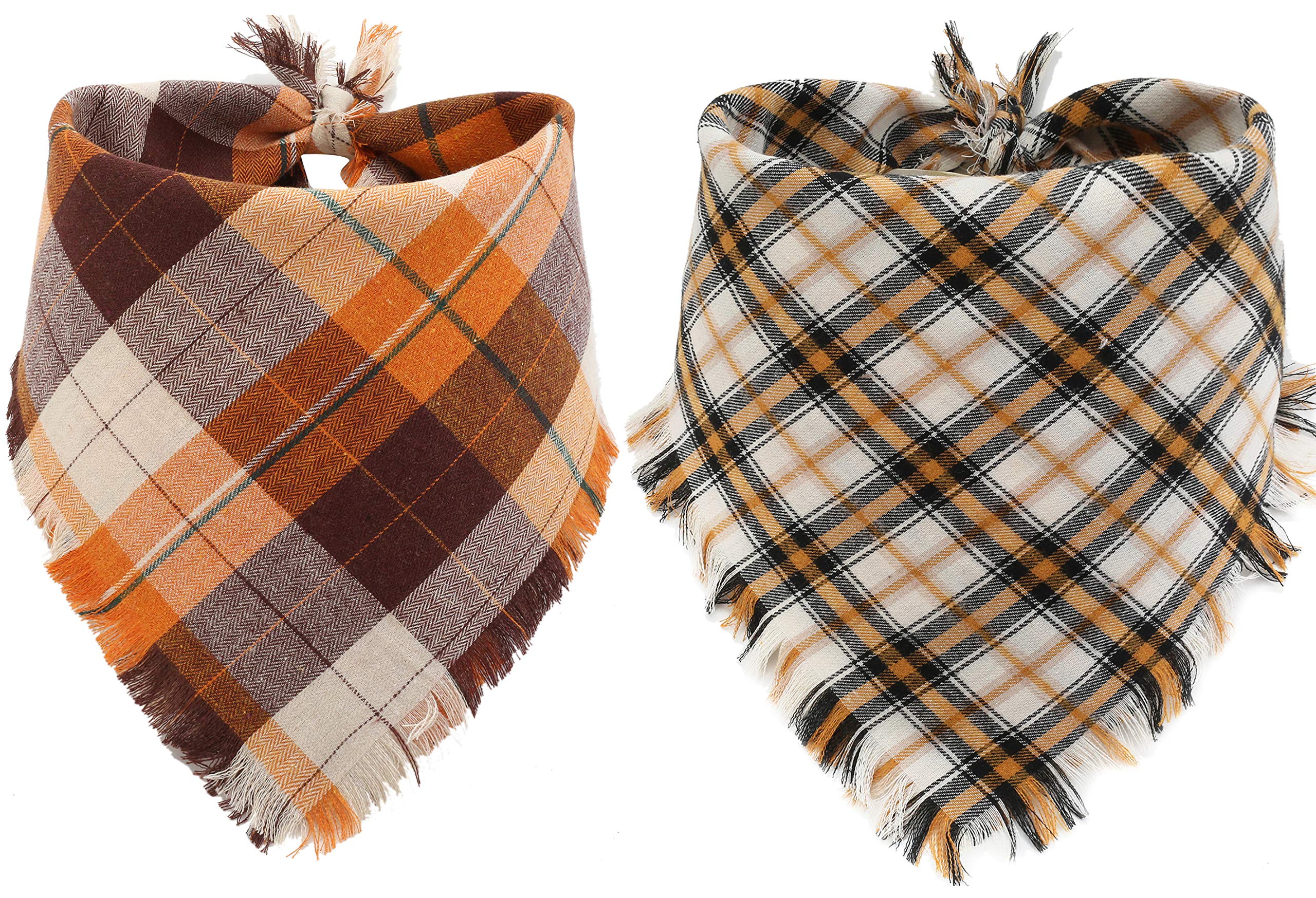 Fall Dog Bandana - Set Of 2 Washable Reversible Square Plaid Pet Kerchief Scarf For Halloween