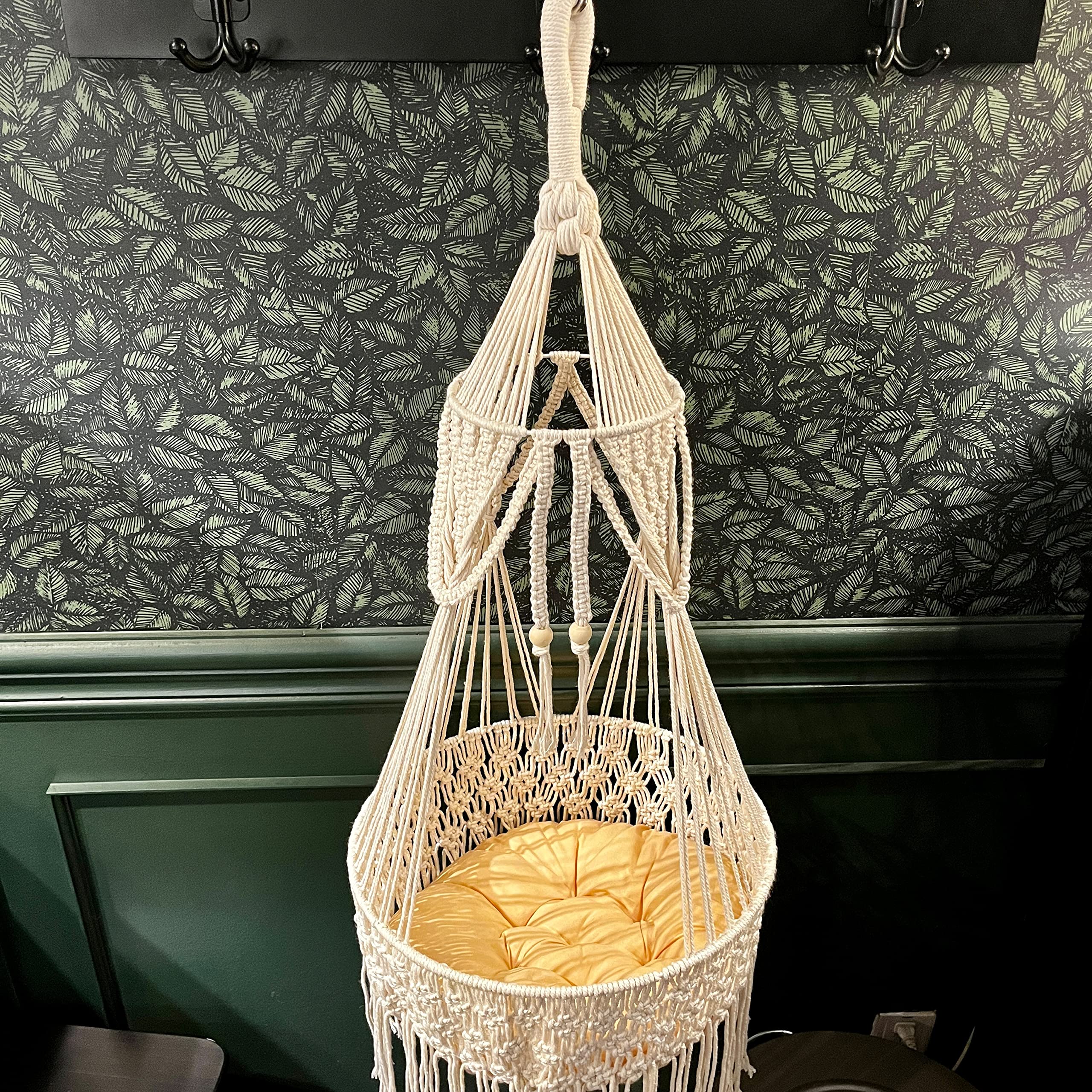 TOYAFUN Macrame Cat Hammock - Large Beige Cotton Bed for Indoor/Outdoor Pet Swing, Boho Wall Hanging Decor