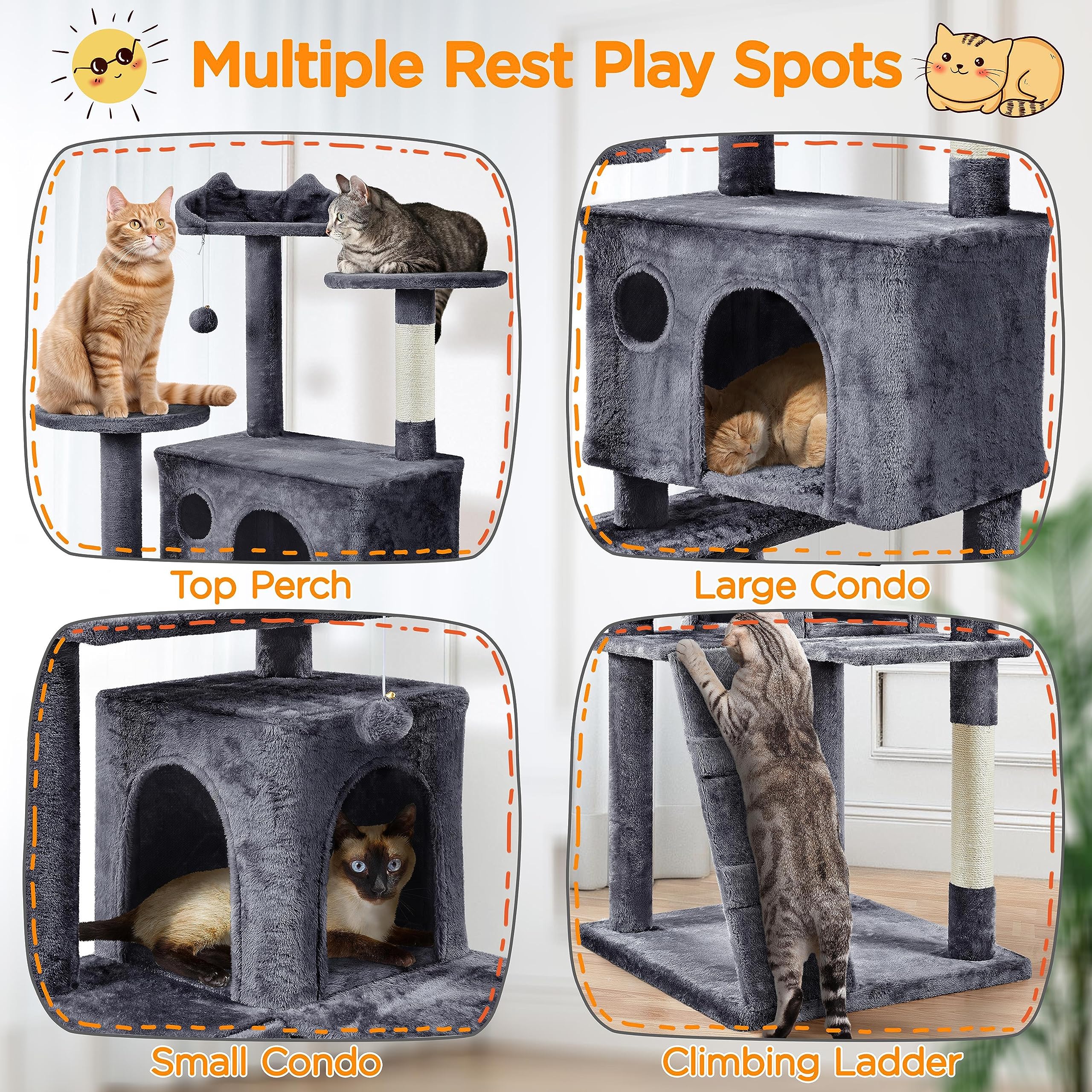 Yaheetech Xl Cat Tree, 80In Multi-Level Tower With Scratching Posts, Double Caves, Perched Platforms And Dangling Balls, Stand H