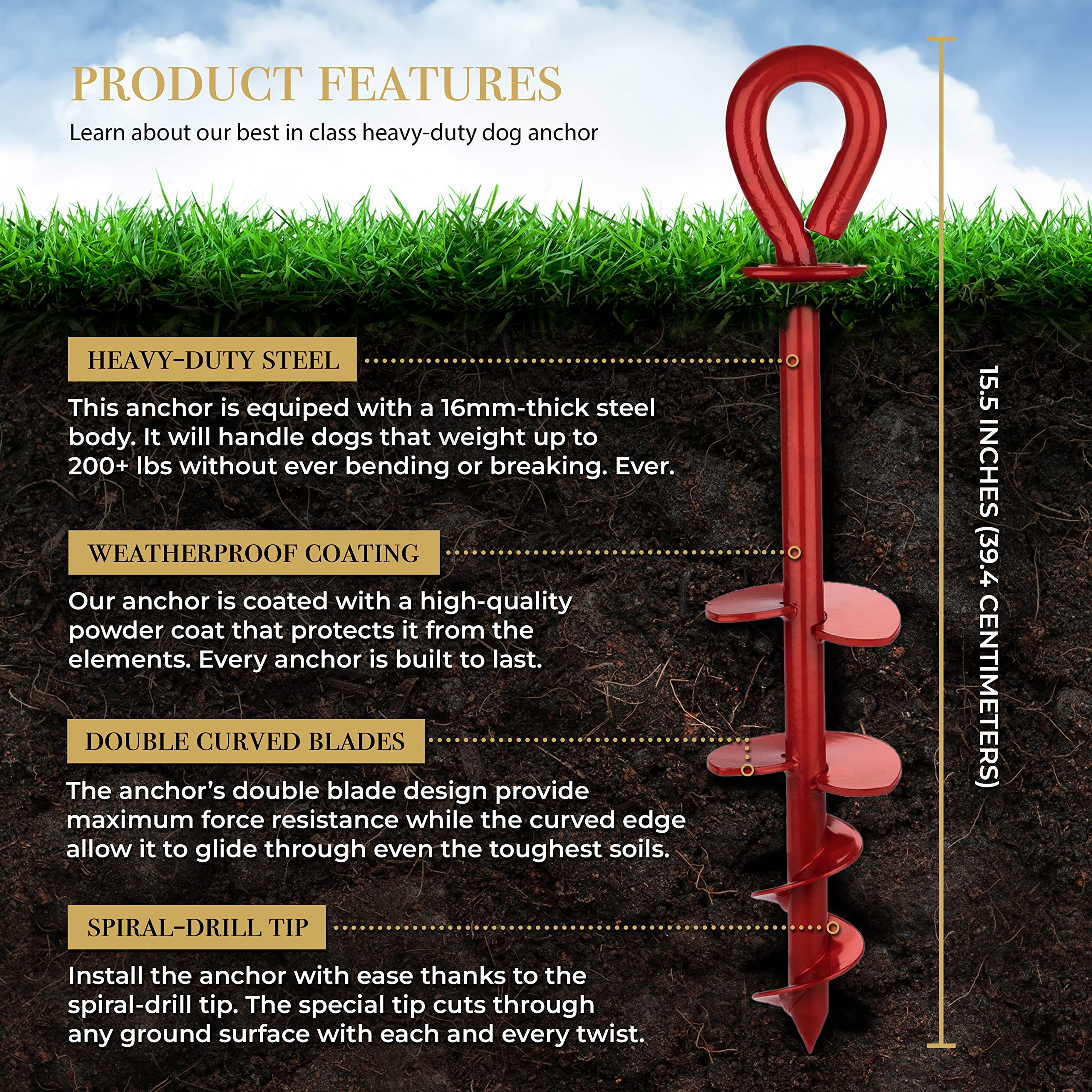 Royal Paw Dog Tie Out Stake - Heavy Duty Dog Stake For Large Dogs Up To 210 Lbs, Dog Stakes For Outside, Dog Anchor, And Dog Gadget | Use Any Dog Tie Out Cable Or Dog Yard Leash (R2-Red (2-Pack))