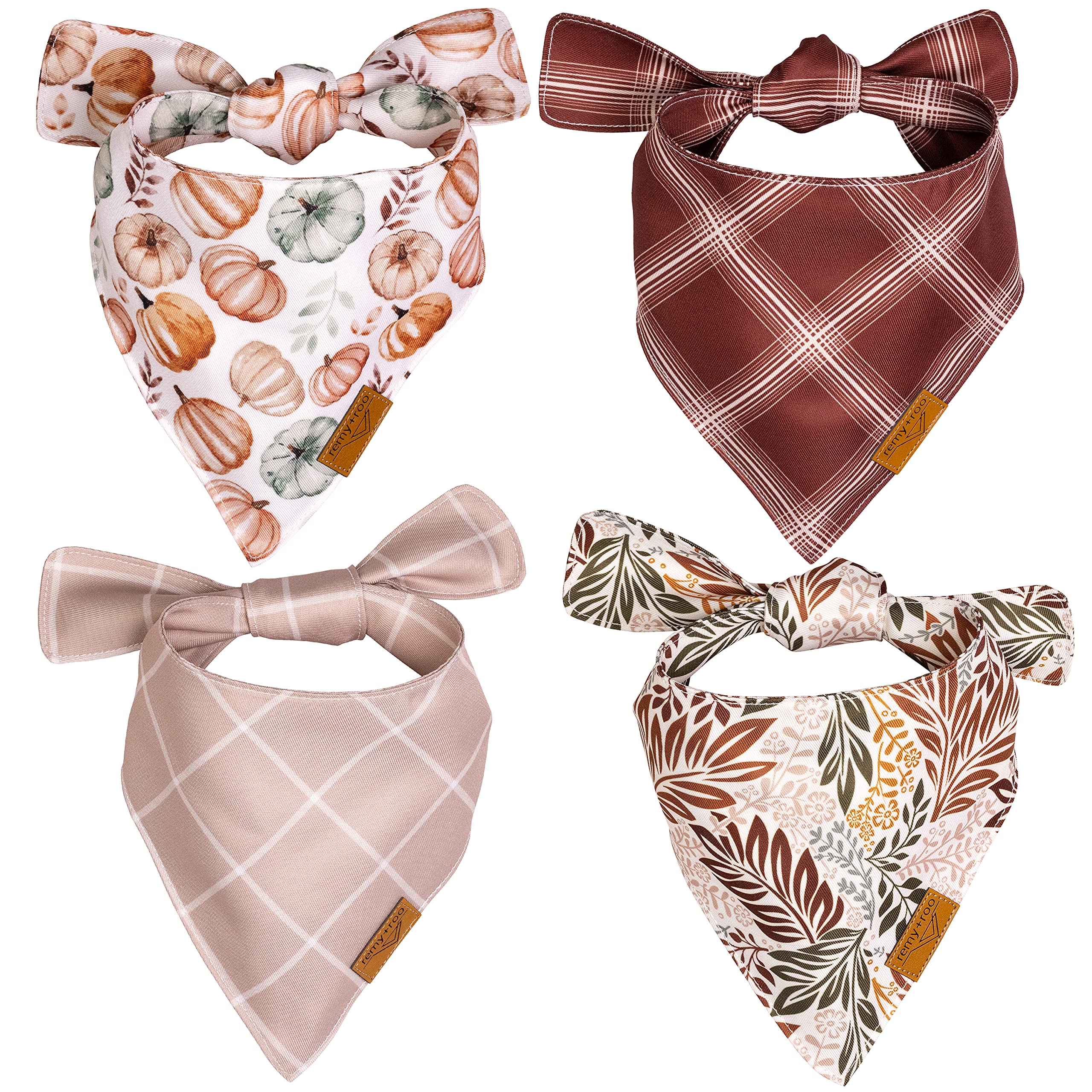 Remy+Roo Fall Dog Bandanas 4 Pack - Amber Set, Premium Durable Polyester Fabric, Patented Curved Design, Adjustable Fit For Smal