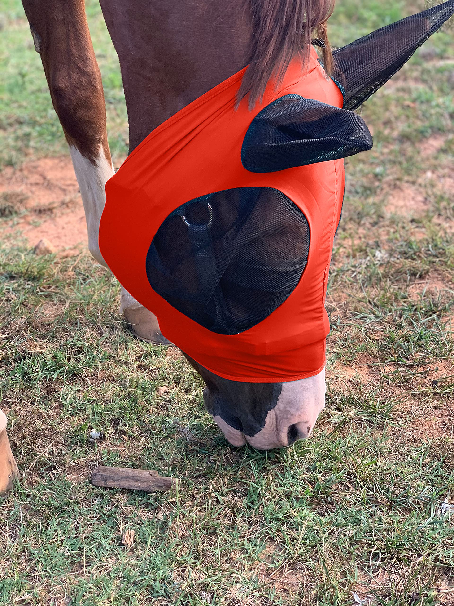 Stretchy Horse Fly Mask with Ears Comfort Fit Mesh Trail Pasture Sun UV Protection (Horse, Orange)