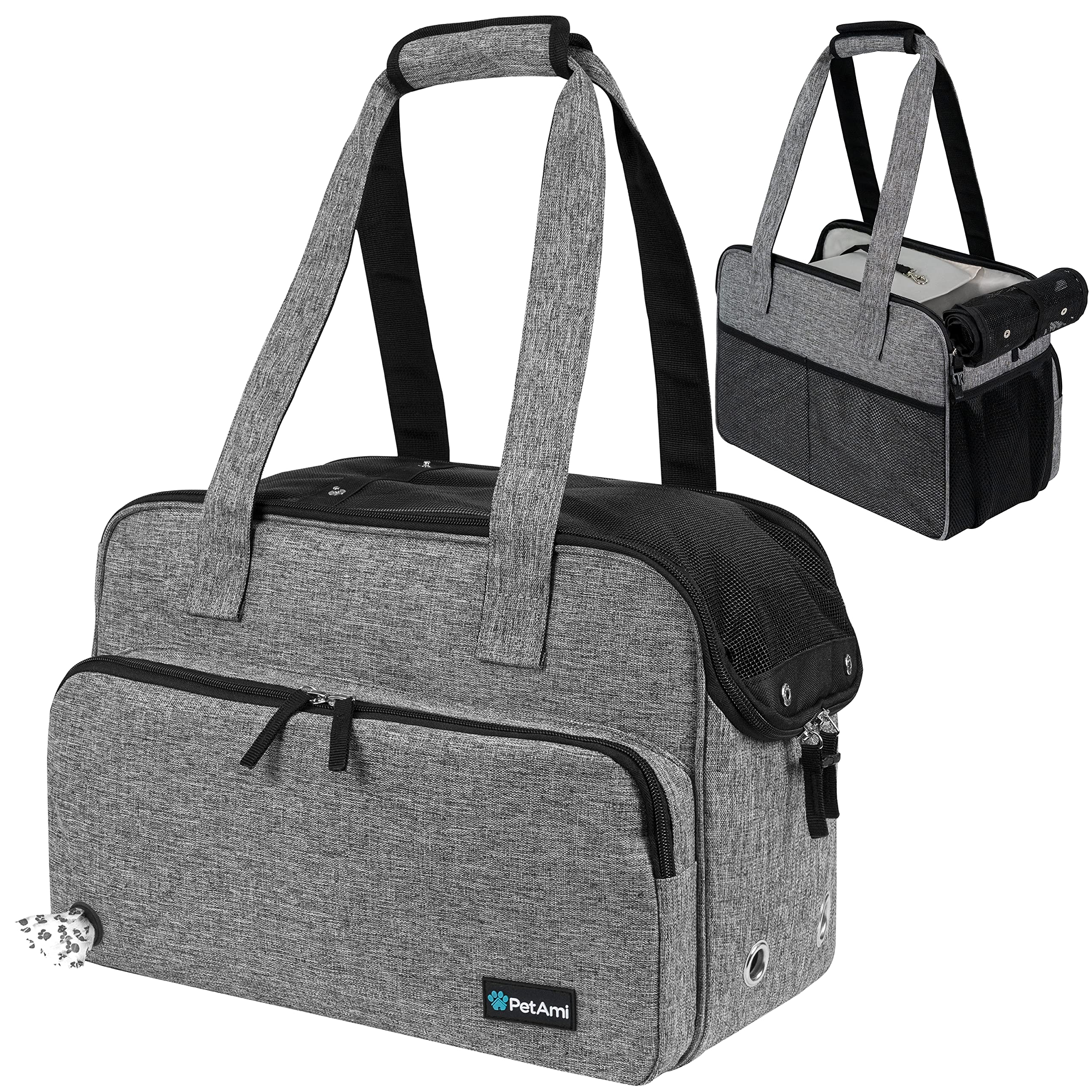 Petami Small Dog Purse Carrier, Soft-Sided Pet Carrier Bag With Pockets, Portable Puppy Cat Travel Handbag Tote, Airline Approved Breathable Mesh, Poop Bag Dispenser, Sherpa Bed, Max 18 Lbs, Gray