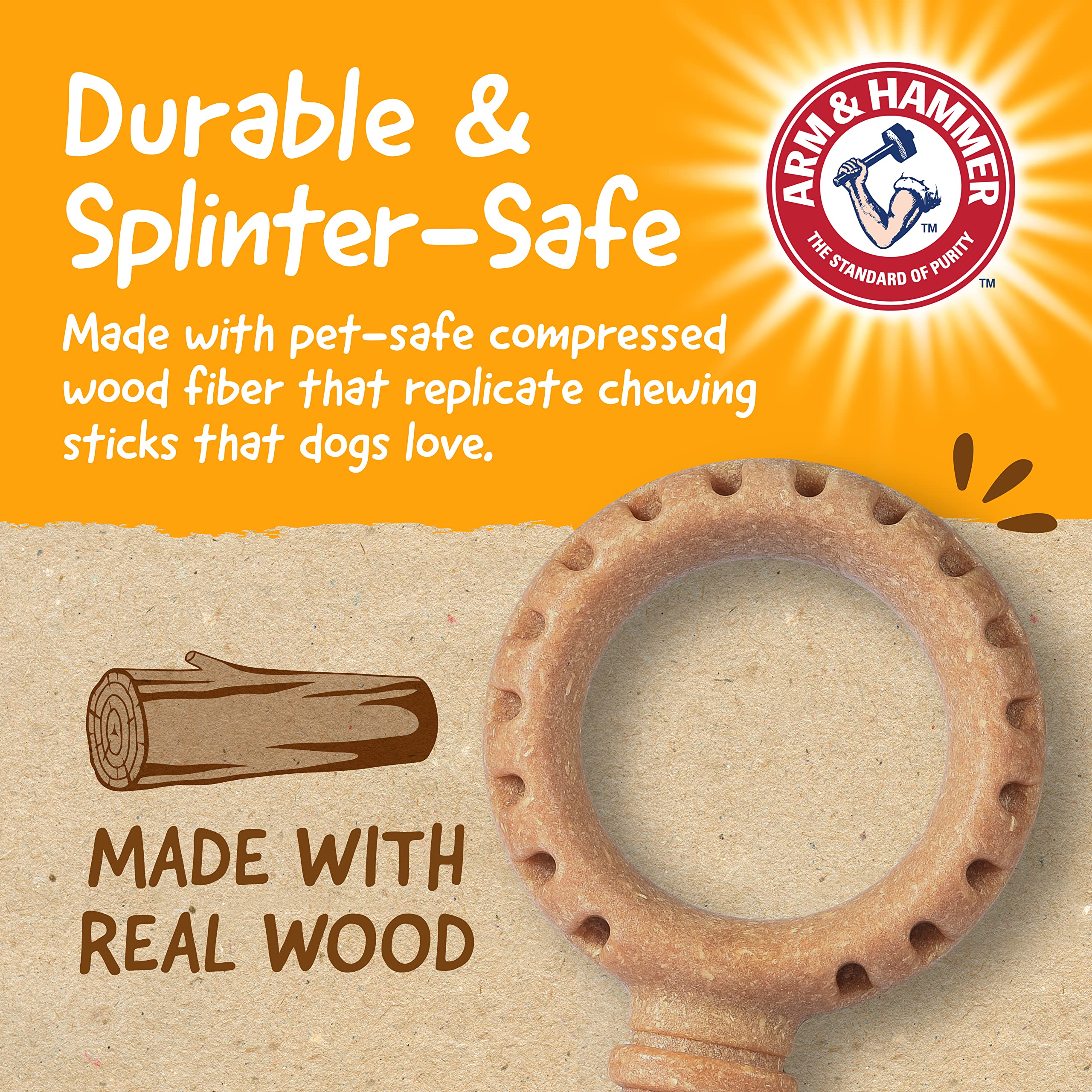 Arm & Hammer for Pets Barkies Ring Compressed Wood Collection, 5.5 Inch Peanut Butter Flavored Wood Blend Chew Toy for Dogs | Fa