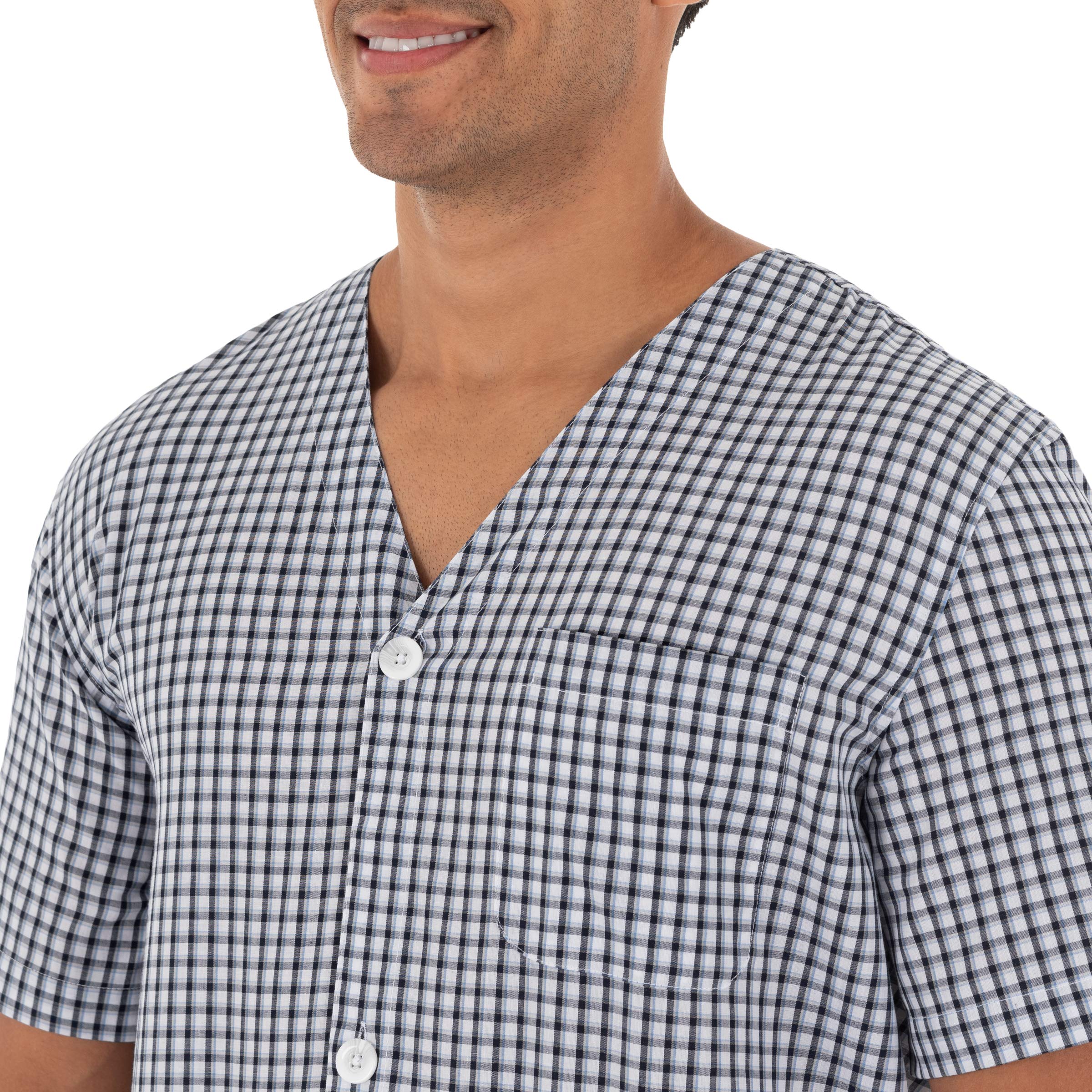 Fruit of the Loom Mens Broadcloth Short Sleeve Pajama Set, Navy check, Medium