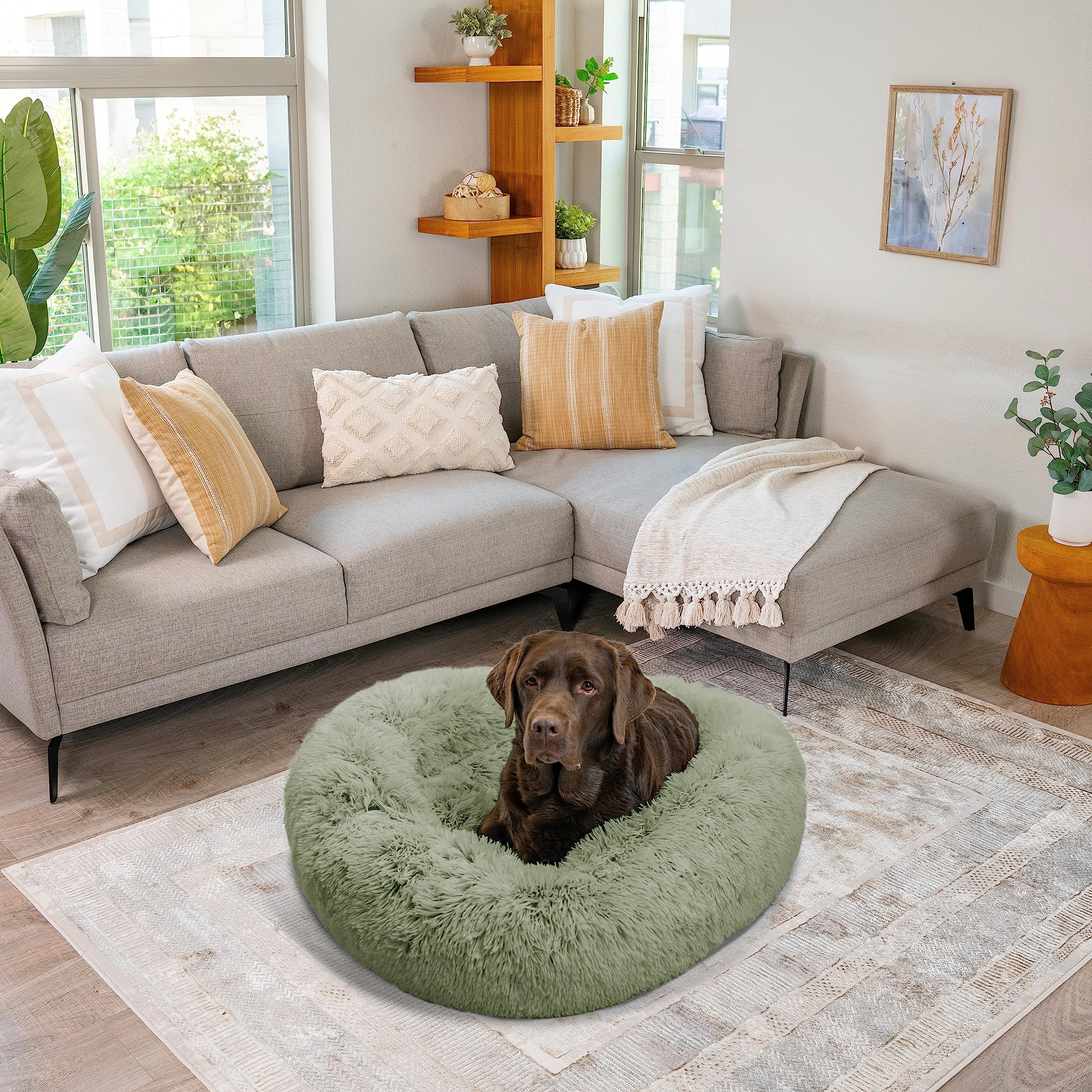Best Friends By Sheri The Original Calming Donut Dog And Cat Bed In Shag Fur, Sage Green, Large, 36X36