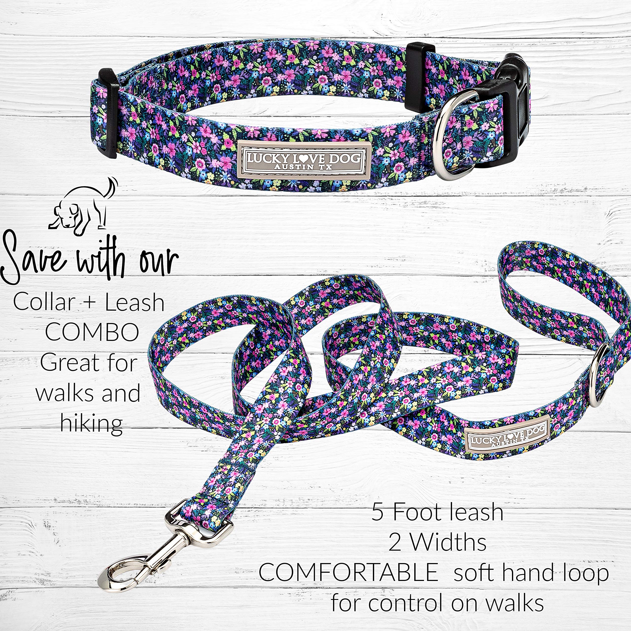 Lucky Love Dog, Comfortable, Soft, Cute Female Dog Collar For Tiny Dogs, Black & Purple Floral Print, Adjustable Nylon Collar, Primrose, Xs