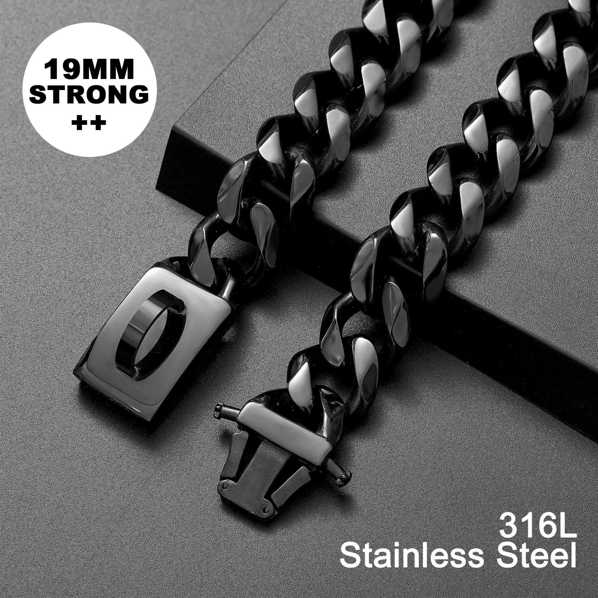 Dog Chain Collar Walking Collar With Design Secure Buckle 19Mm Black Cuban Link Strong Heavy Duty Chew Proof Chain(19Mm, 10'')