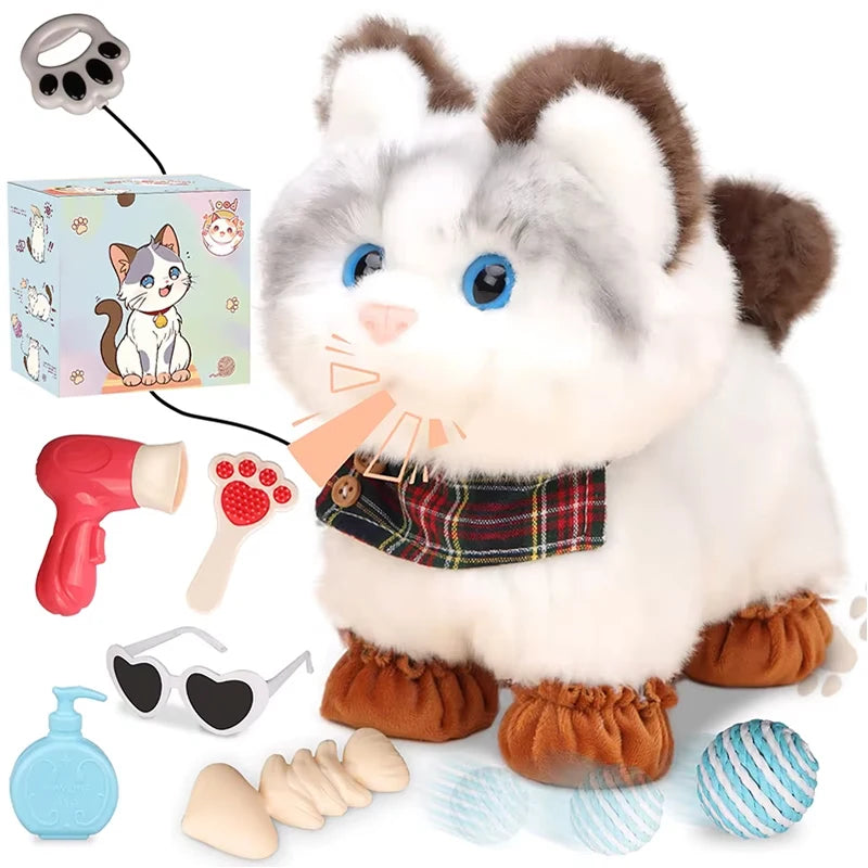 Kids RC Rainbow Cat Plush Toy Walking Kitten Grooming Beauty Accessories Set Adorable Pet Toy Birthday Present For Little Girls