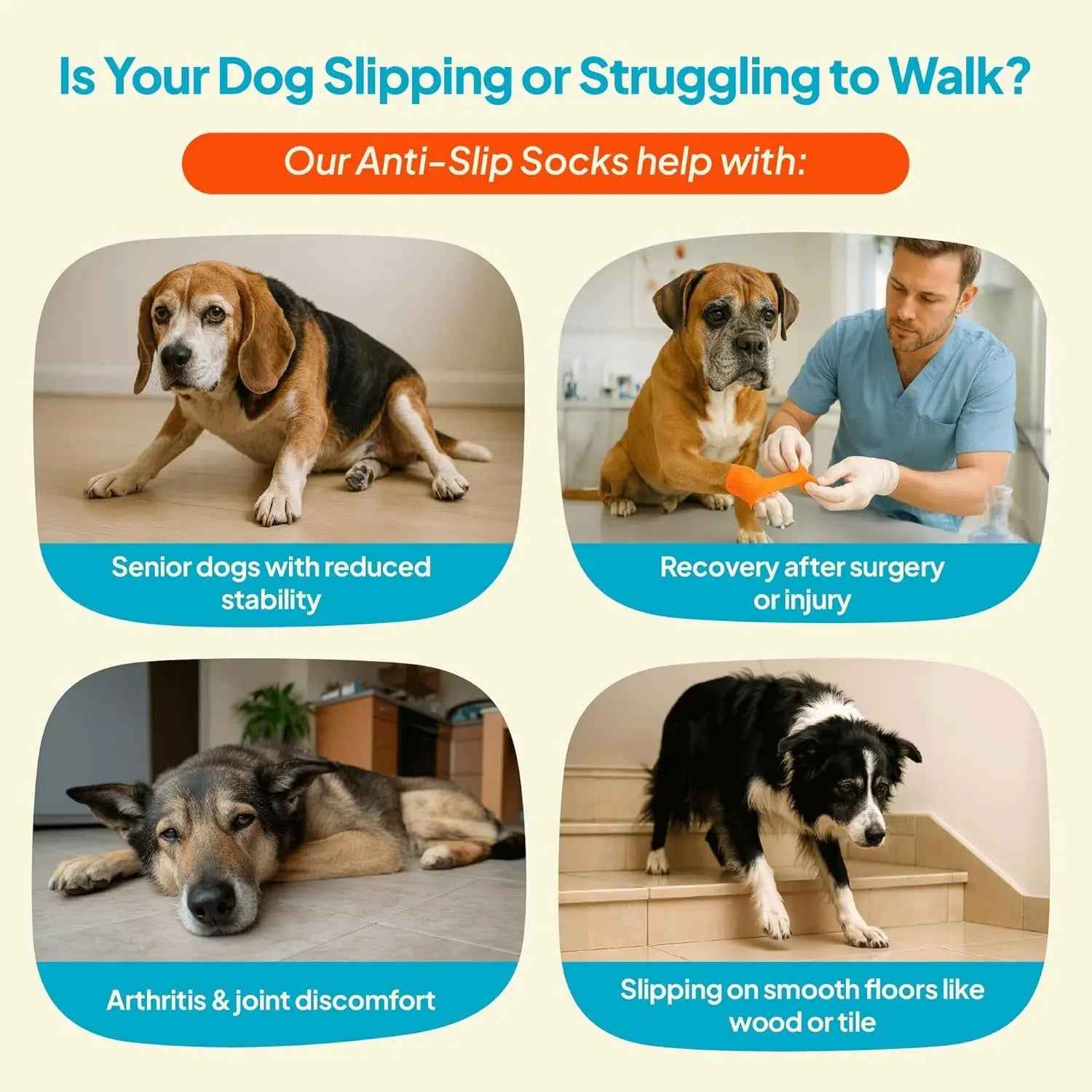 Anti-Slip Dog Socks with Straps – Breathable & Washable, 4-Pack