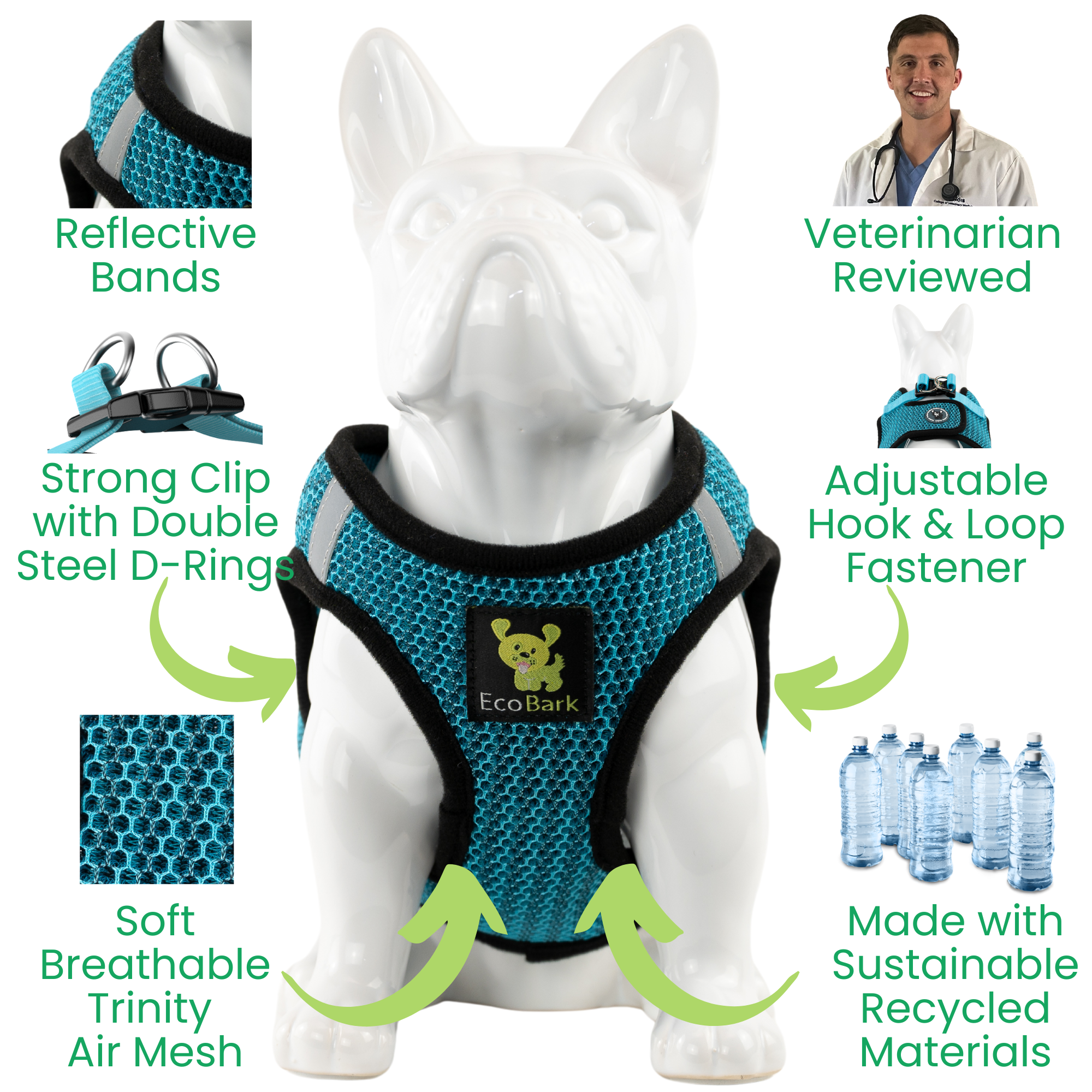EcoBark Step In Dog Harness - Teacup & Small Breeds- Reflective Soft Mesh Harness for Teacup, Small Dogs and Puppies / Aqua Sport